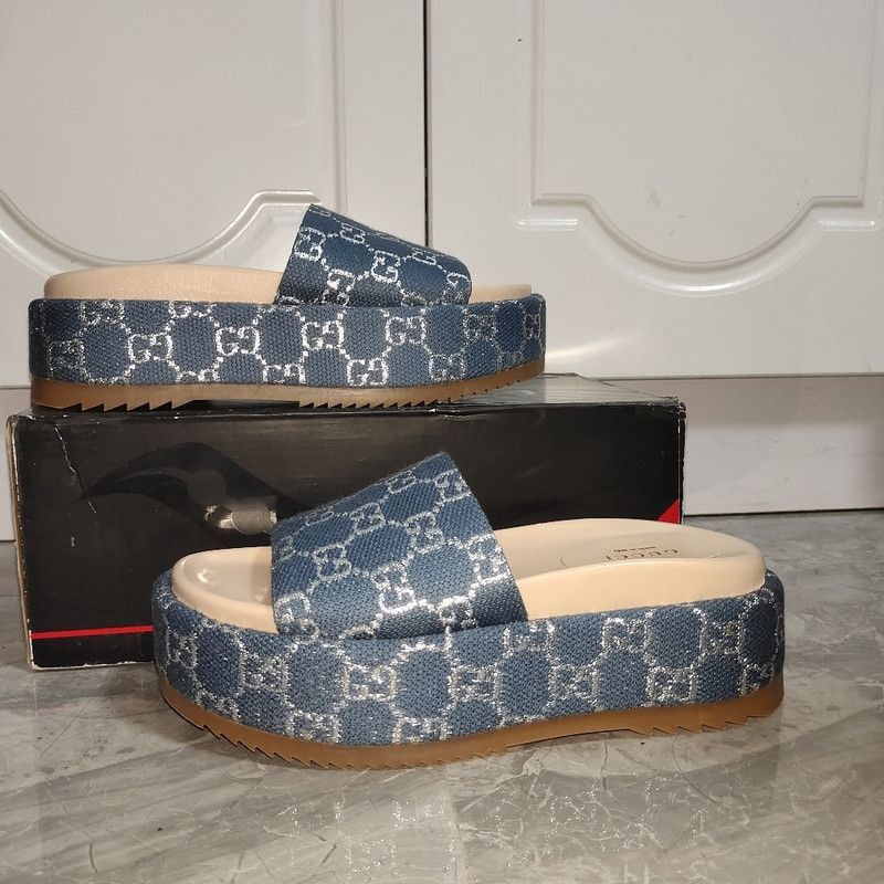 Gucci Gucci Blue and Brown Platform Slides - Size US 5 / EU 37 - 7 Thumbnail
