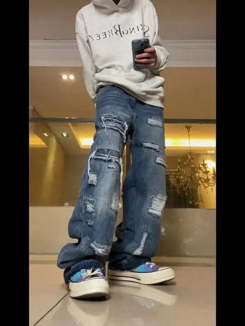 Designer damaged distressed patch baggy jeans Size US 32 / EU 48 - 1 Thumbnail