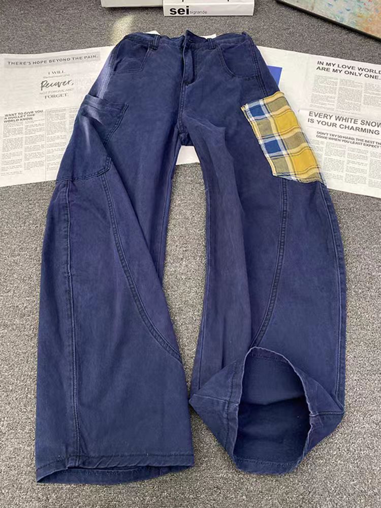 VIBE Navy Blue Checkered Patchwork Wide-Leg Jeans Size US 33 - 1 Thumbnail