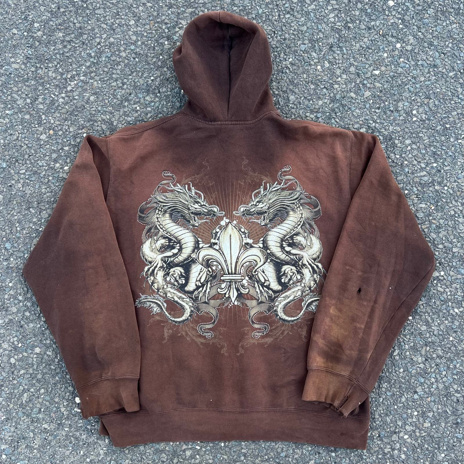 image of Vintage Faded Brown Y2K Dragons Top Heavy Hoodie Sweatshirt, Men's (Size 2XL)