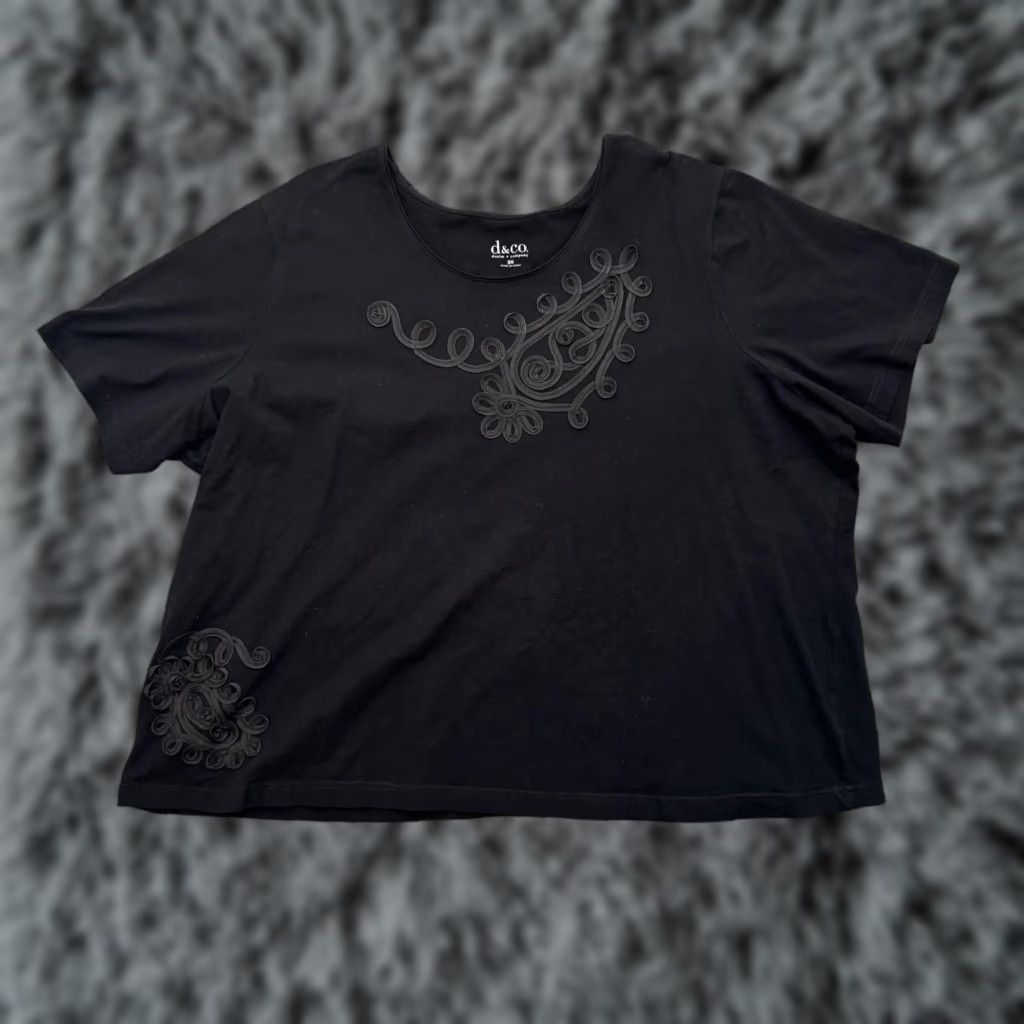 Denim & Co. DENIM & CO T-Shirt Womens 3X Black Paisley Embroidered Short Sleeve Scoop Neck Casual Luxury Boho Classic Quiet All Seasons Easy Care Size XXL / US 16-18 / IT 52-54 - 1 Thumbnail