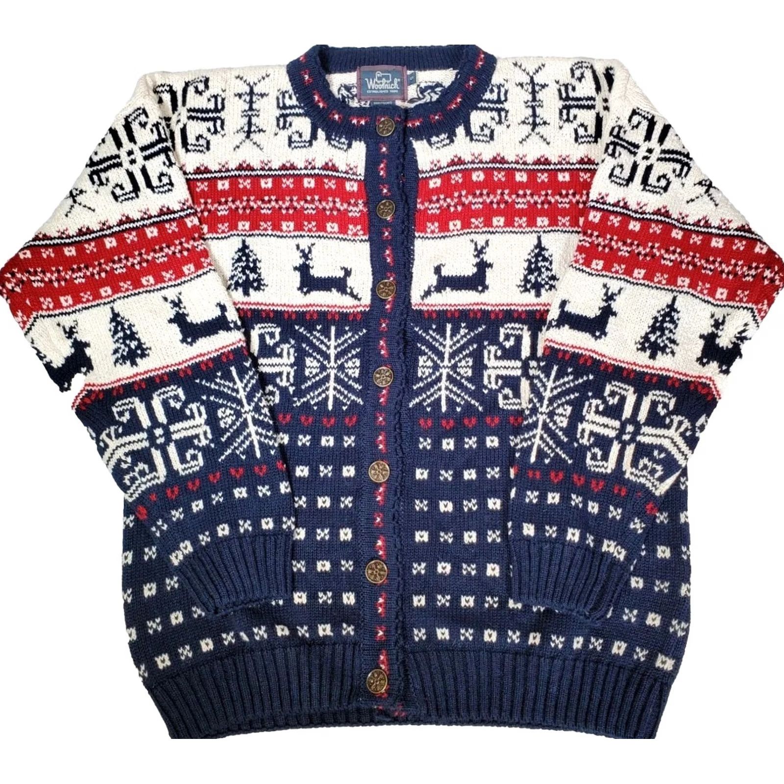 Vintage VTG Woolrich Holiday Cardigan Sweater Red White Blue Snowflake Buttons Size S Size S / US 4 / IT 40 - 2 Thumbnail