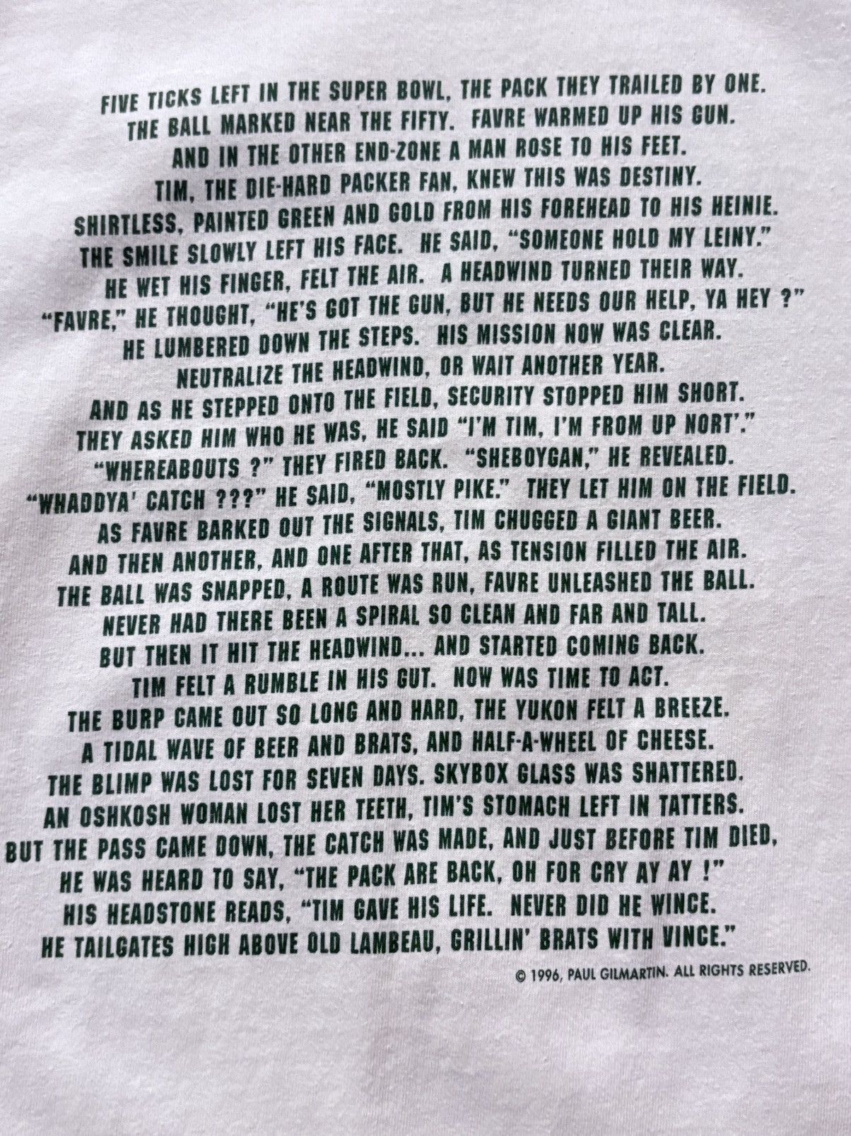 NFL Green Bay Packers “Tim” Poem Tee Shirt RARE 90’s Piece Size US L / EU 52-54 / 3 - 5 Thumbnail