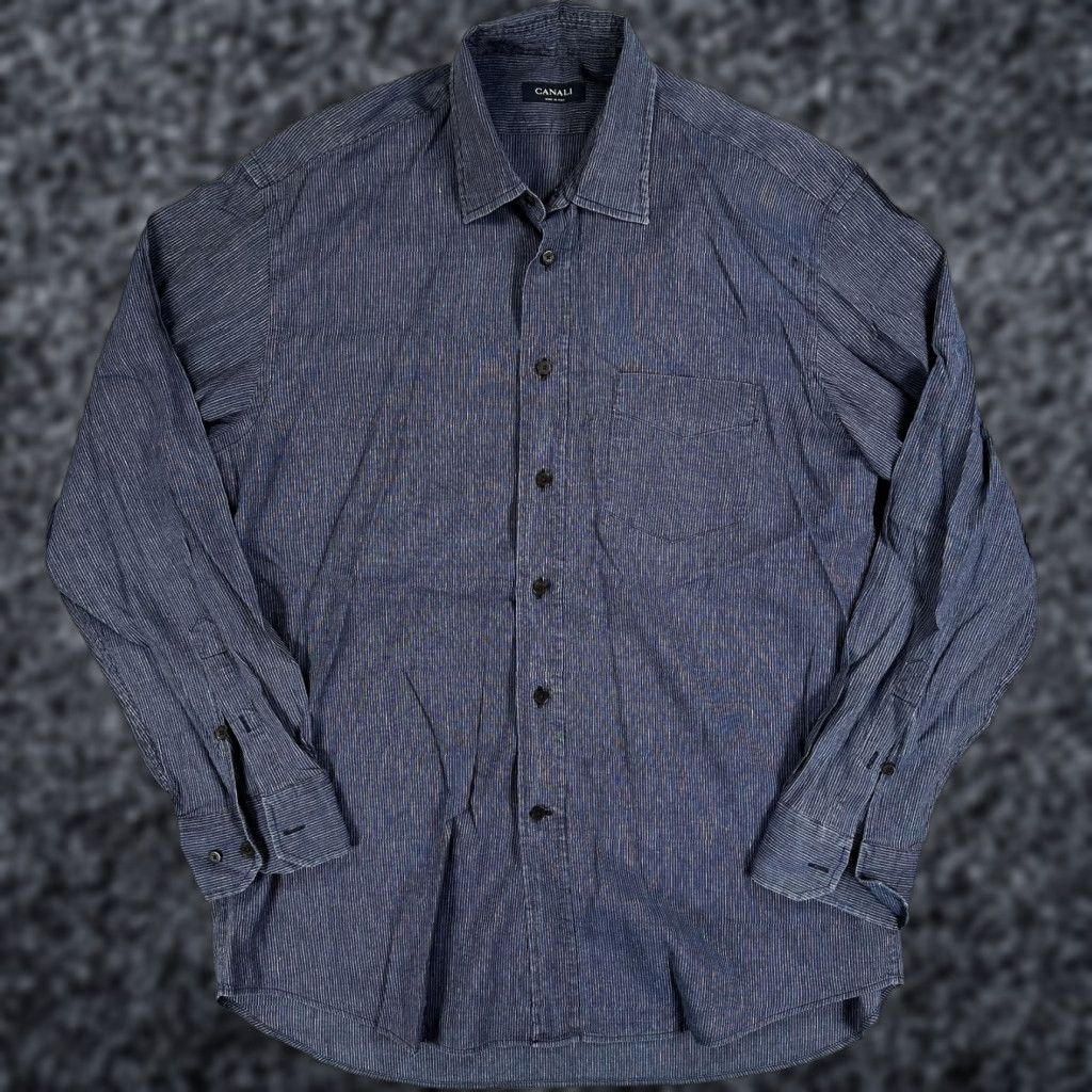 Canali Shirt Mens Large Blue Striped Button Front Made In Italy Long Sleeve