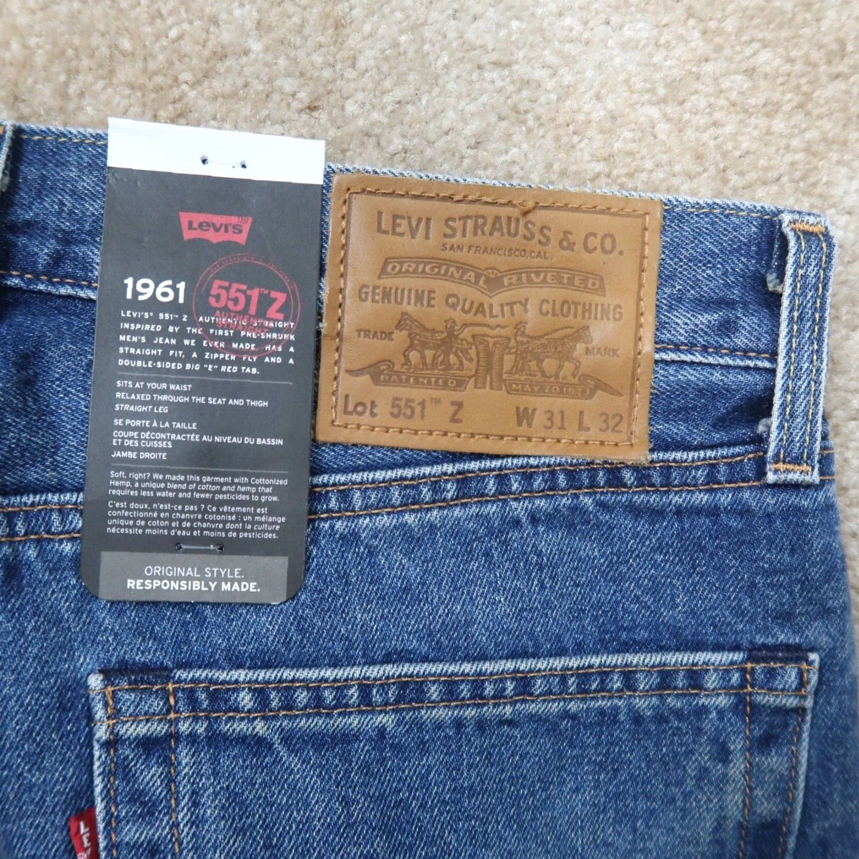 Levi's VINTAGE Levi's Premium 1961 551 Z Relaxed Straight Jeans Men’s 31x32 New Distressed hemp Blue Denim 80s 90s Mens Regular Jeans Size US 31 - 6 Thumbnail