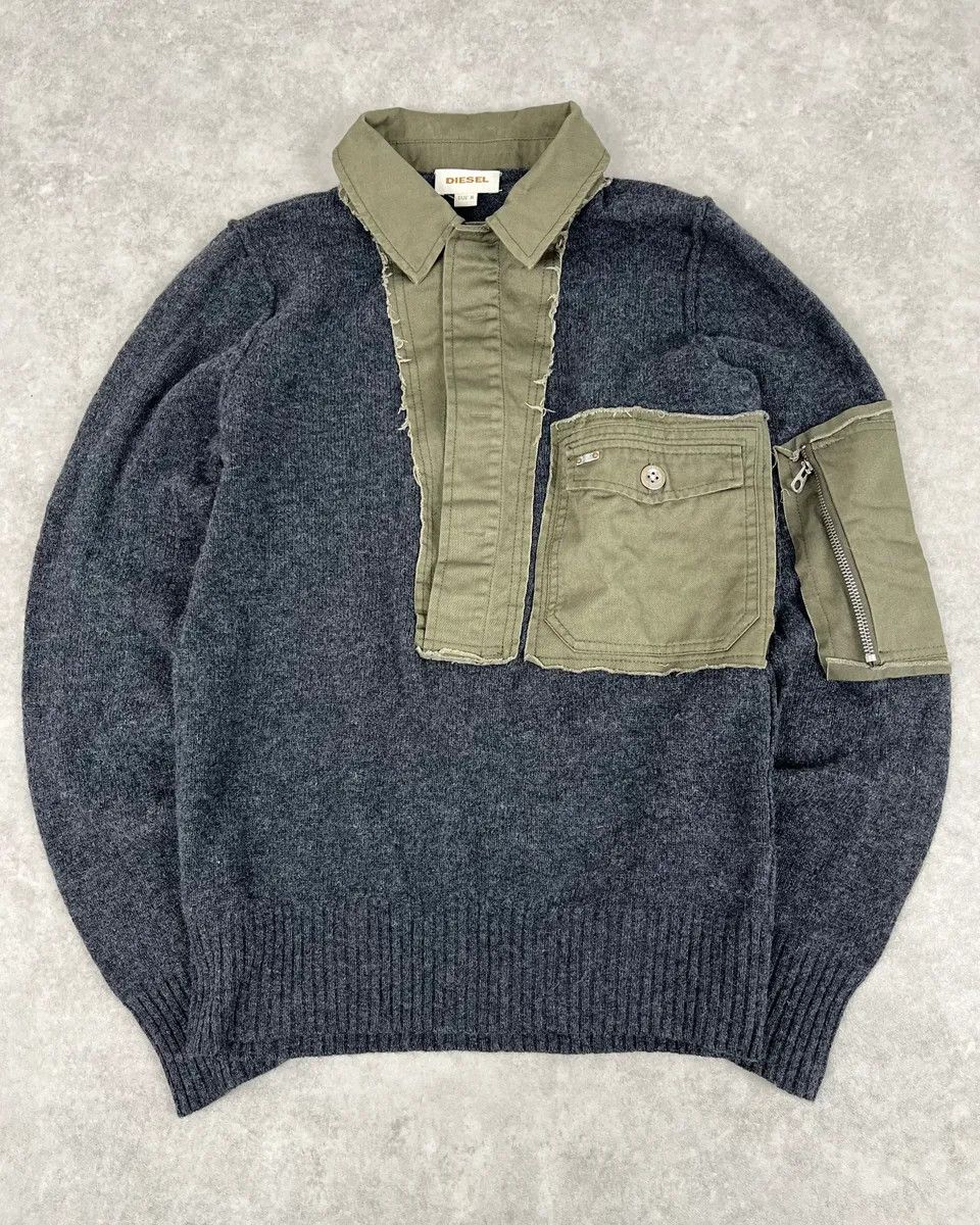 Diesel 2000s Diesel Khaki Patchwork Grey Wool Polo Sweater Size US M / EU 48-50 / 2 - 1 Thumbnail