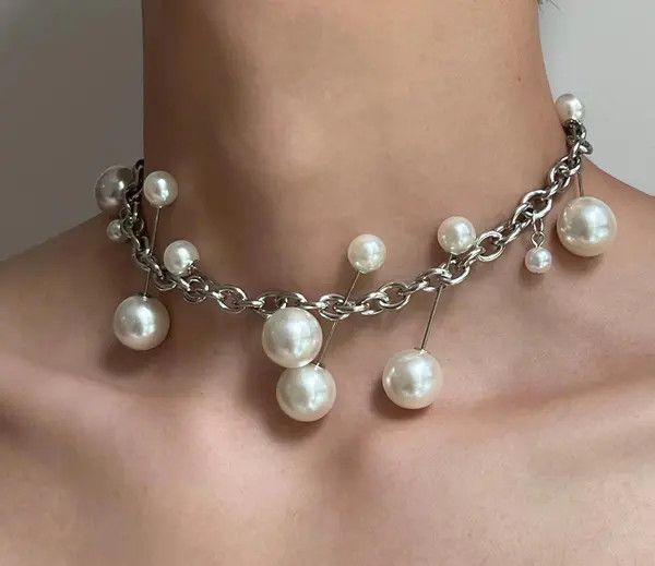 Jewelry Silver Chain Pearl Accent Choker Necklace, Statement Jewelry Size ONE SIZE - 5 Thumbnail