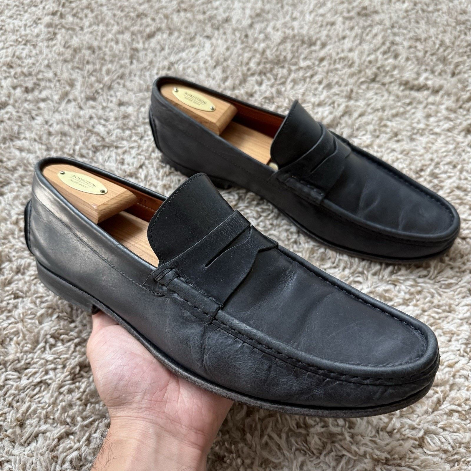 Santoni Santoni Slip On Black Leather Penny Loafers Made In Italy Size US 10 / EU 43 - 1 Thumbnail