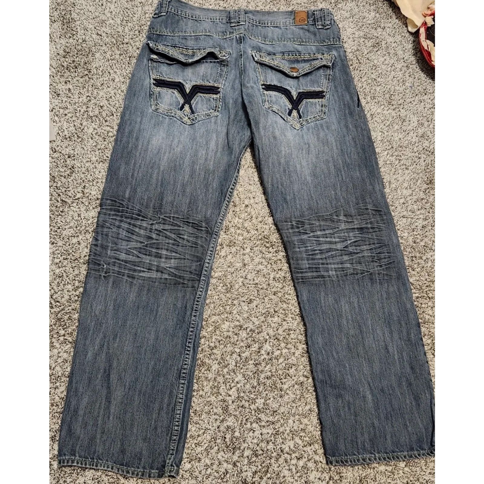 Jordan Craig Jordan Craig Jeans Blue Distressed Embroidered Wide-Leg 34x30 Denim Men Baggy Geometric 5-Pocket Casual Regular Stretchable Vintage? No Size US 34 / EU 50 - 2 Thumbnail