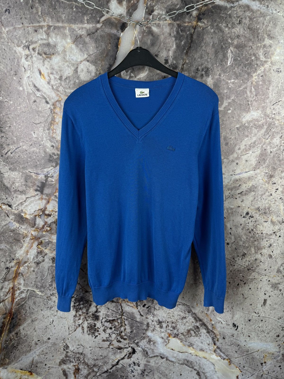 Lacoste Lacoste Blue V-Neck Cotton Sweater with Crocodile Logo Size US L / EU 52-54 / 3 - 1 Thumbnail