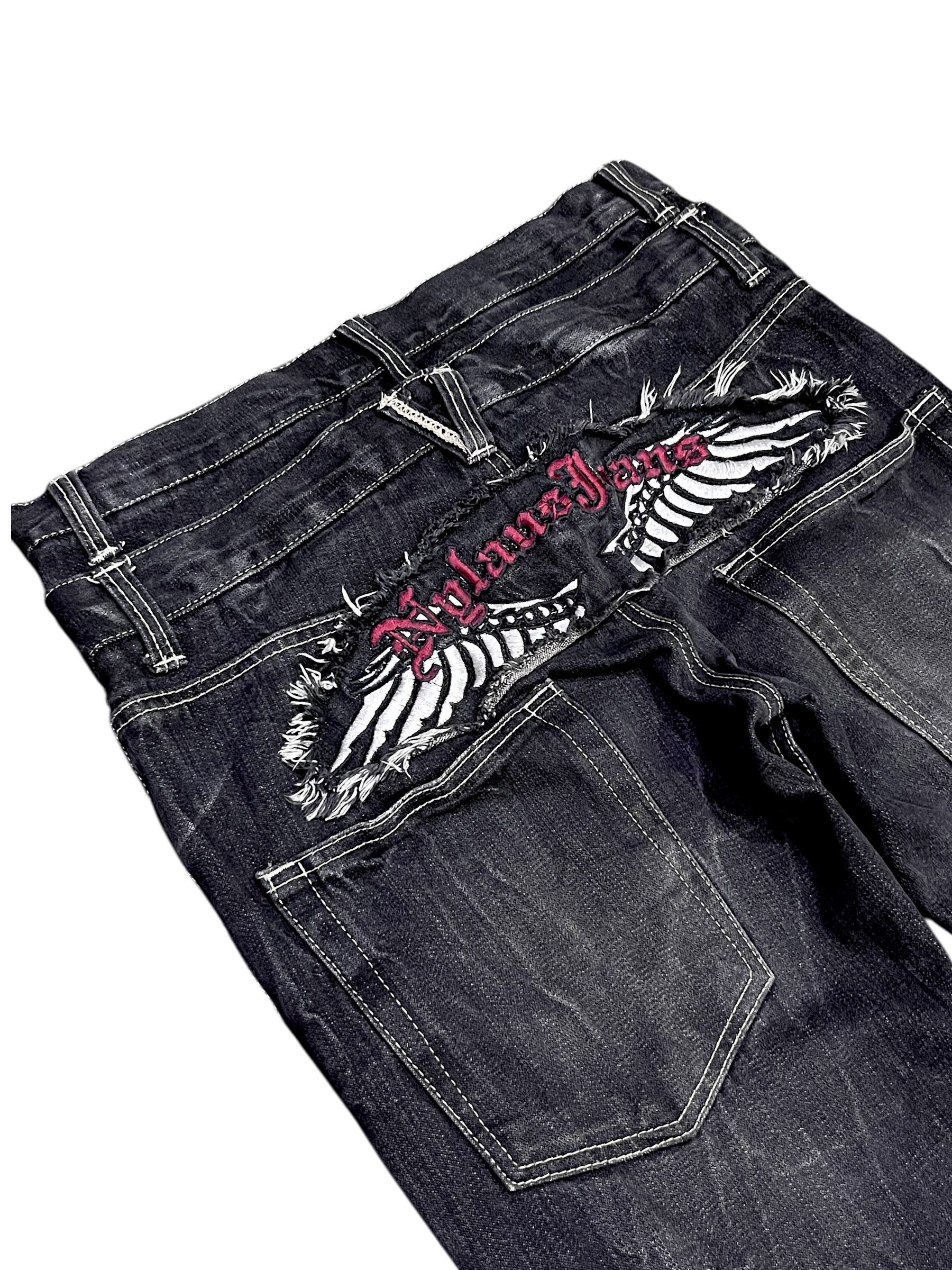 If Six Was Nine NYLAUS Grunge Y2K Clawmark Flare Denim Wing Patch Heel Bite Size US 29 - 2 Thumbnail
