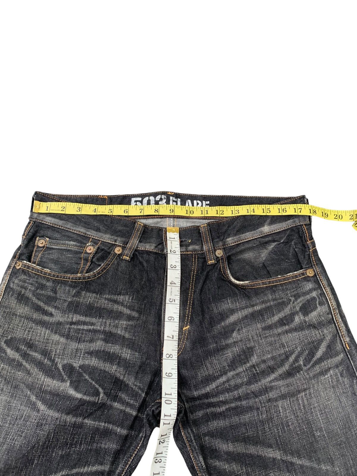 Edwin RARE💥EDWIN 503 FLARE BLUE TRIP CLAWNMARK MUDWASH DENIM Size US 35 - 18 Thumbnail