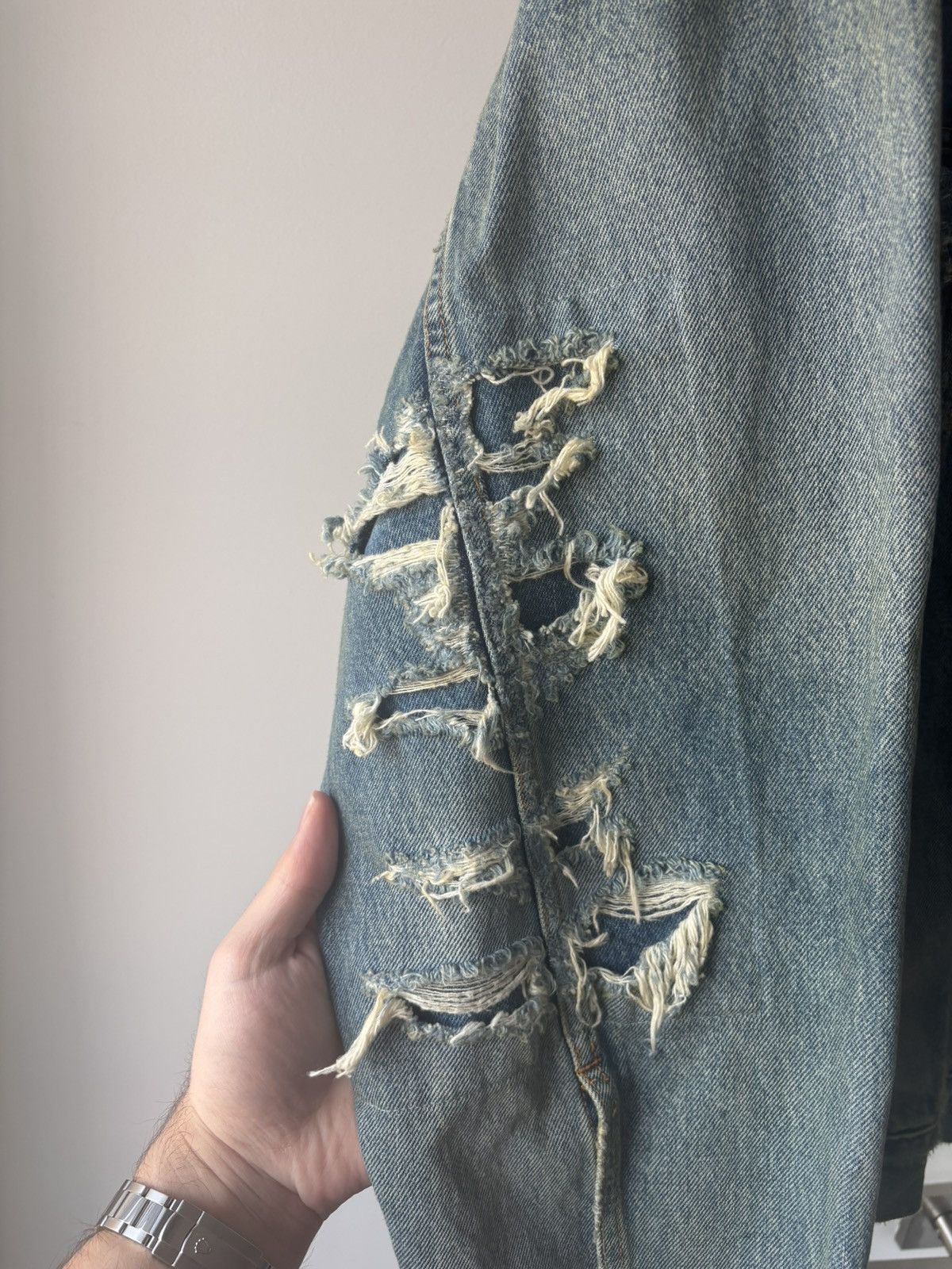 Balenciaga Balenciaga Destroyed Denim Jacket Size US XXL / EU 58 / 5 - 6 Thumbnail