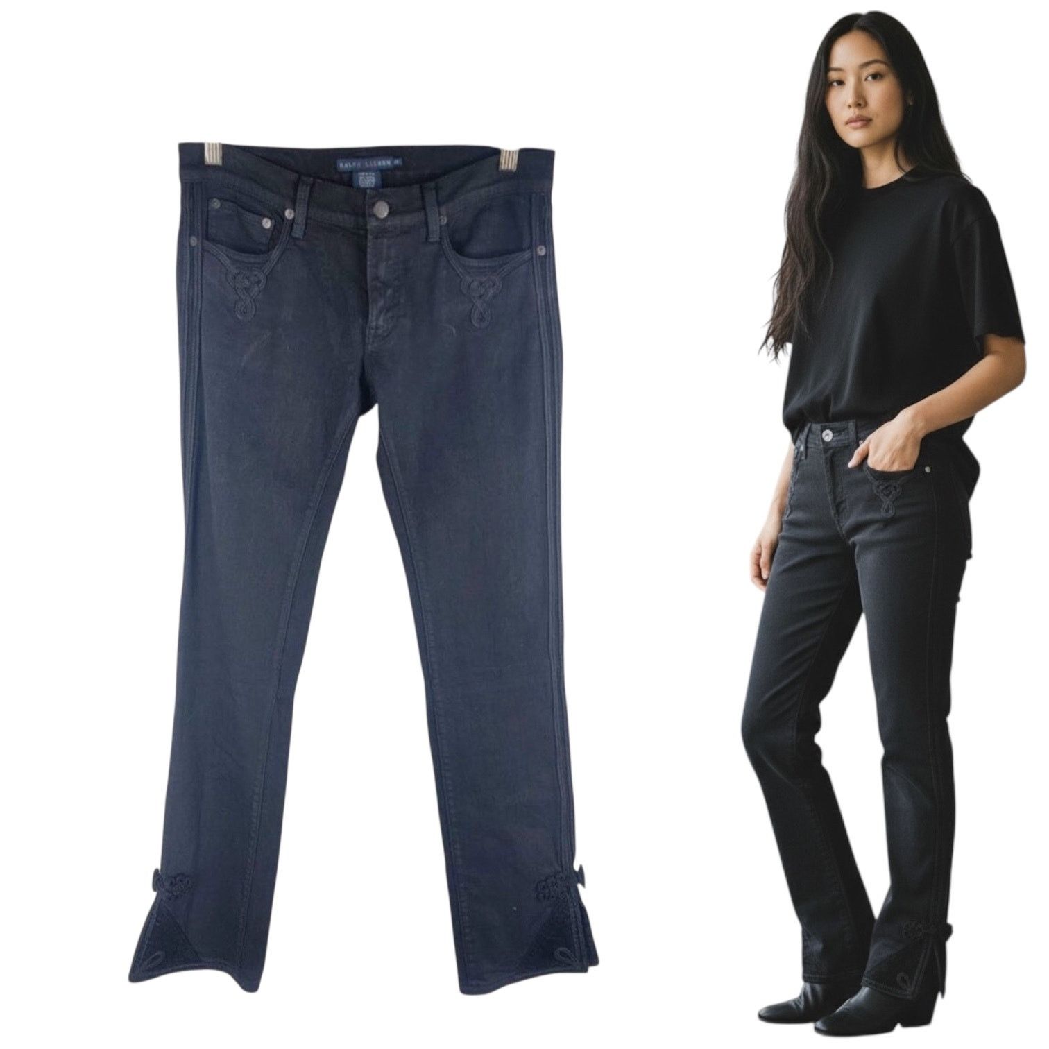 Ralph Lauren Embroidered Asian Knot Jeans Black Straight Leg