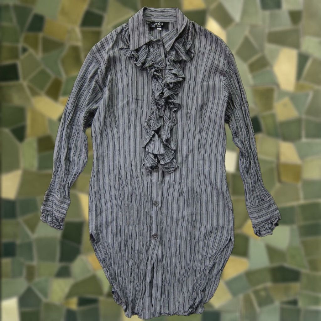 Vintage a.b.s USA Rayon Grey Black Stripe Ruffle Neck Long Sleeve Blouse Women S Size S / US 4 / IT 40 - 1 Thumbnail