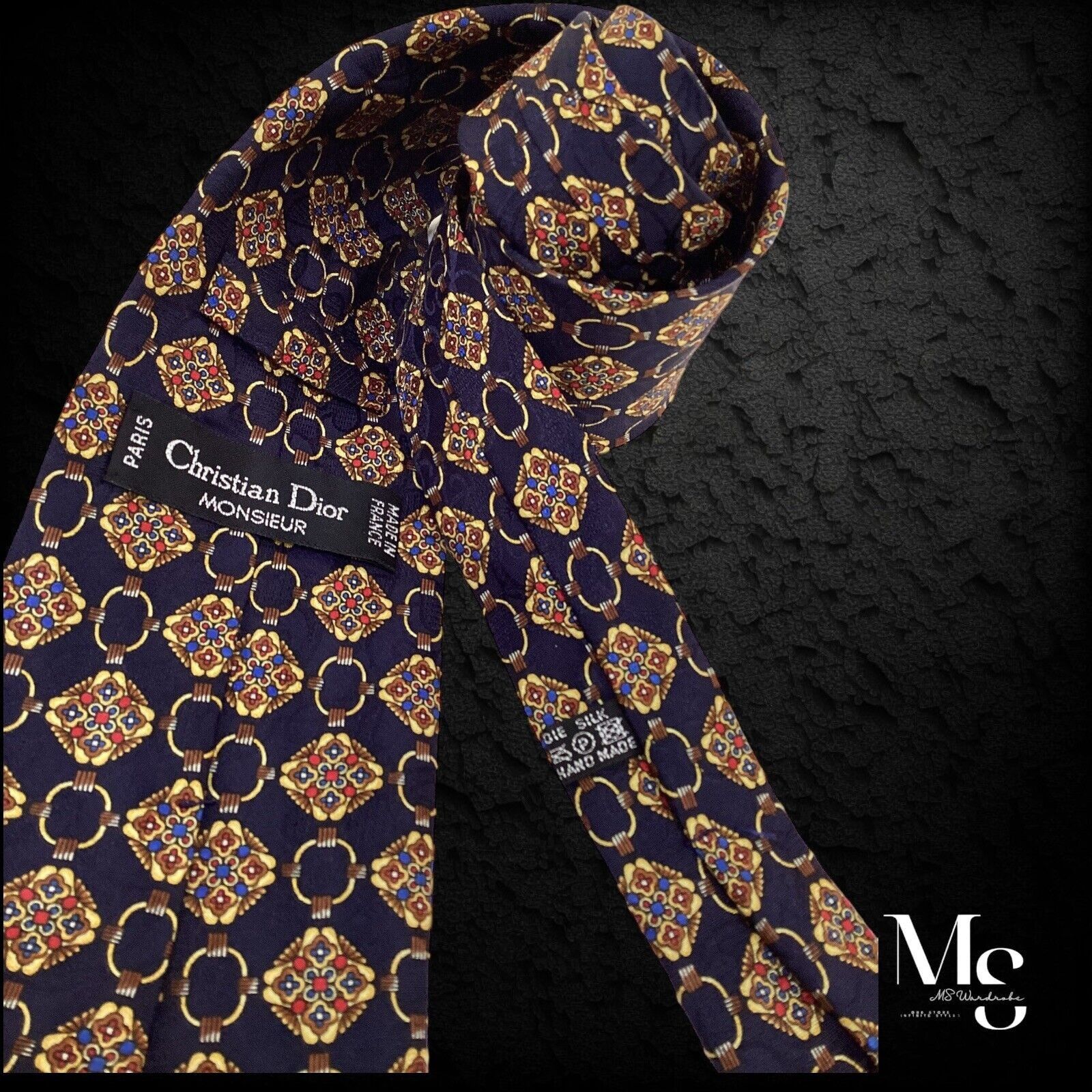 Christian Dior Monsieur CHRISTIAN DIOR MONSIEUR Navy Gold Medallion Silk Tie H.Made Size ONE SIZE - 3 Thumbnail