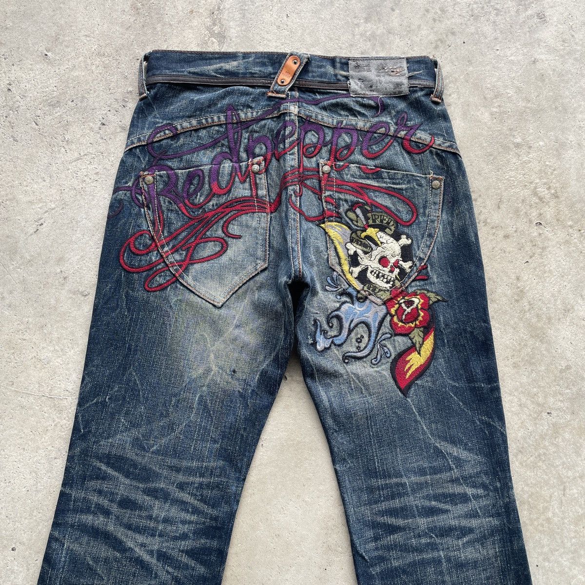 Japanese Brand W31💥 Red Pepper Japan Embroided Skull Rusty Jeans Pants RARE Size US 31 - 13 Thumbnail