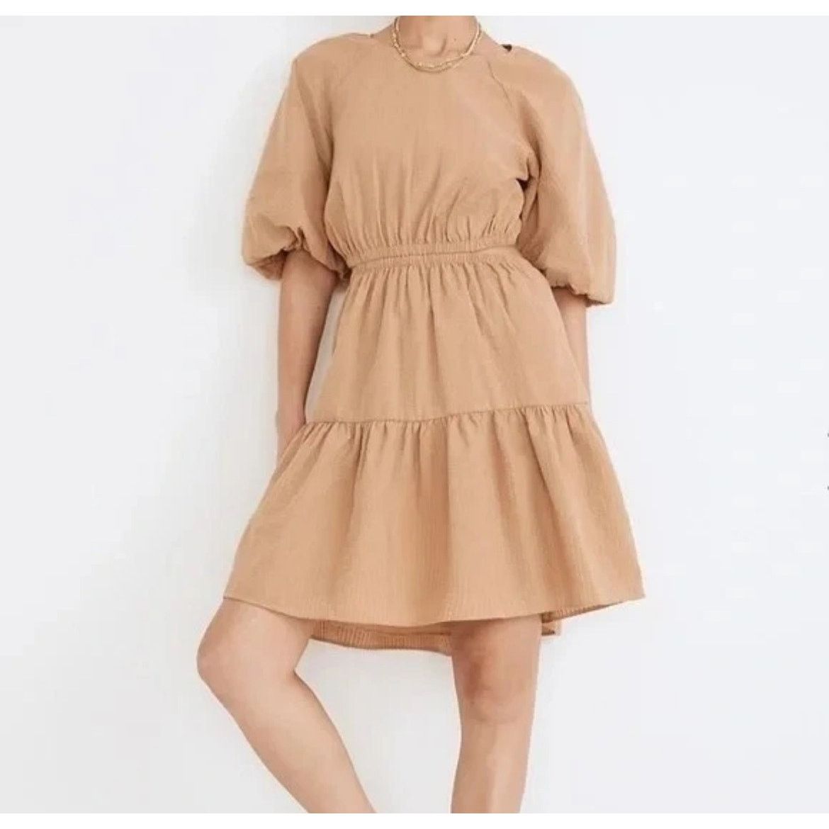 Madewell Seersucker Puff Sleeve Cutout Mini Dress Khaki Cottage Boho Size S / US 4 / IT 40 - 8 Thumbnail