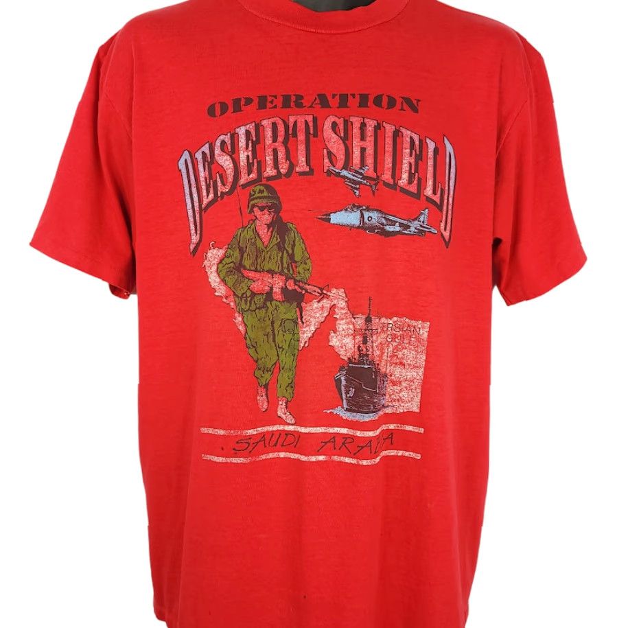 Vintage VINTAGE Operation Desert Shield T Shirt Mens Size Large 90s Jet Saudi Arabia Red Cotton Blend Short Sleeve Crew Neck Military Size US L / EU 52-54 / 3 - 2 Thumbnail