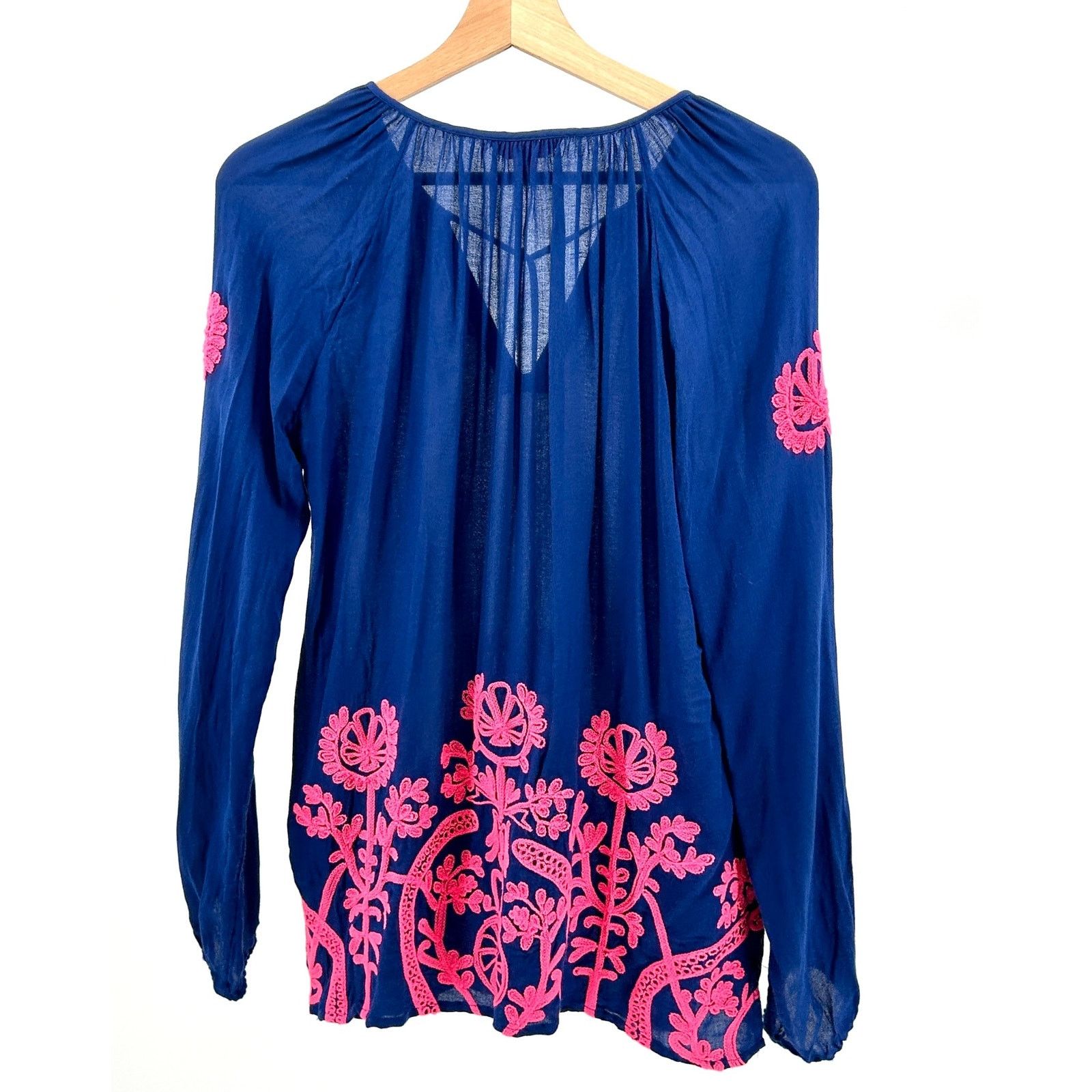 Lilly Pulitzer Navy Blue Pink Embroidered Tassel Peasant Blouse Size S / US 4 / IT 40 - 6 Thumbnail
