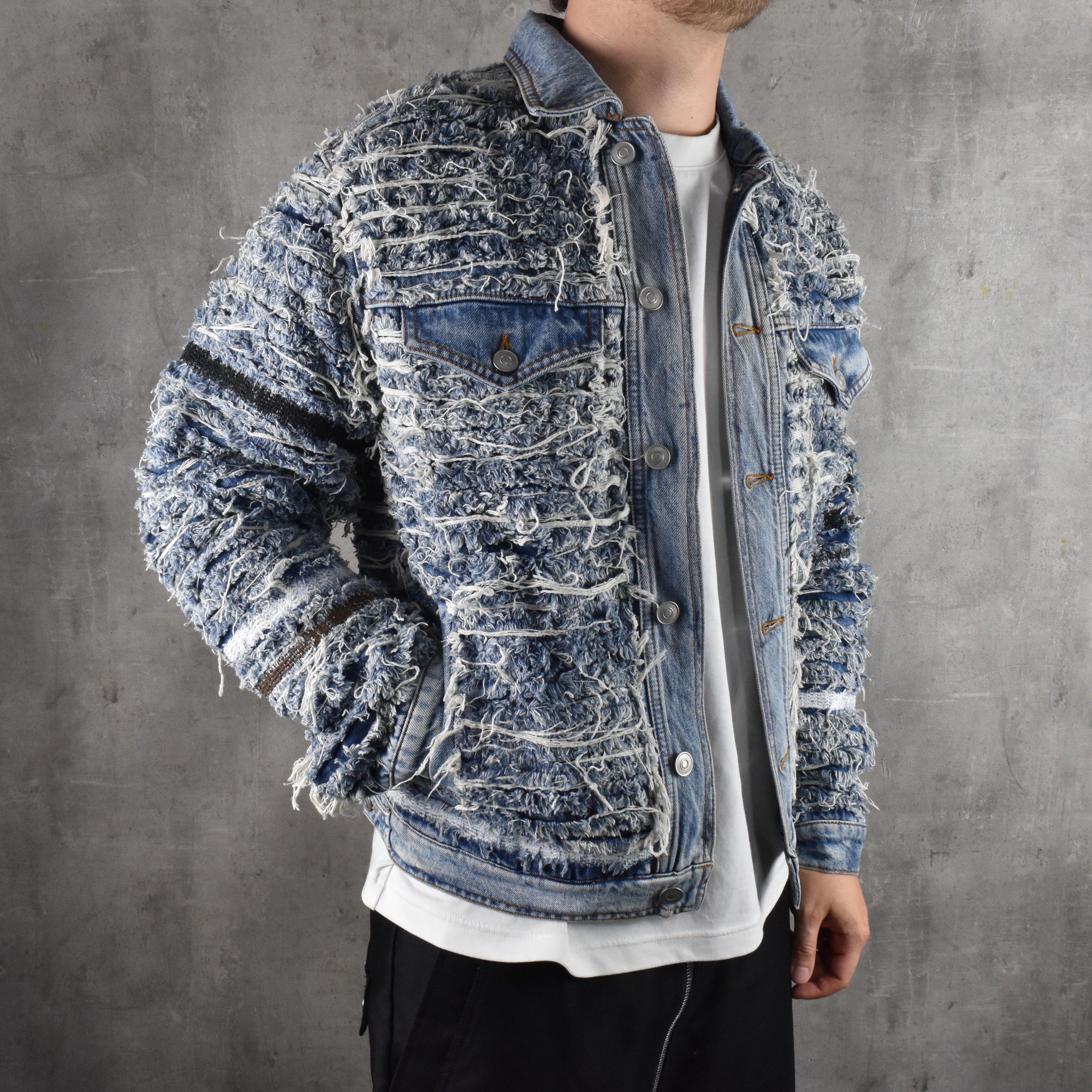 image of 1017 Alyx 9Sm Blackmeans Shredded Denim Distressed Jacket in Light Wash, Men's (Size Small)