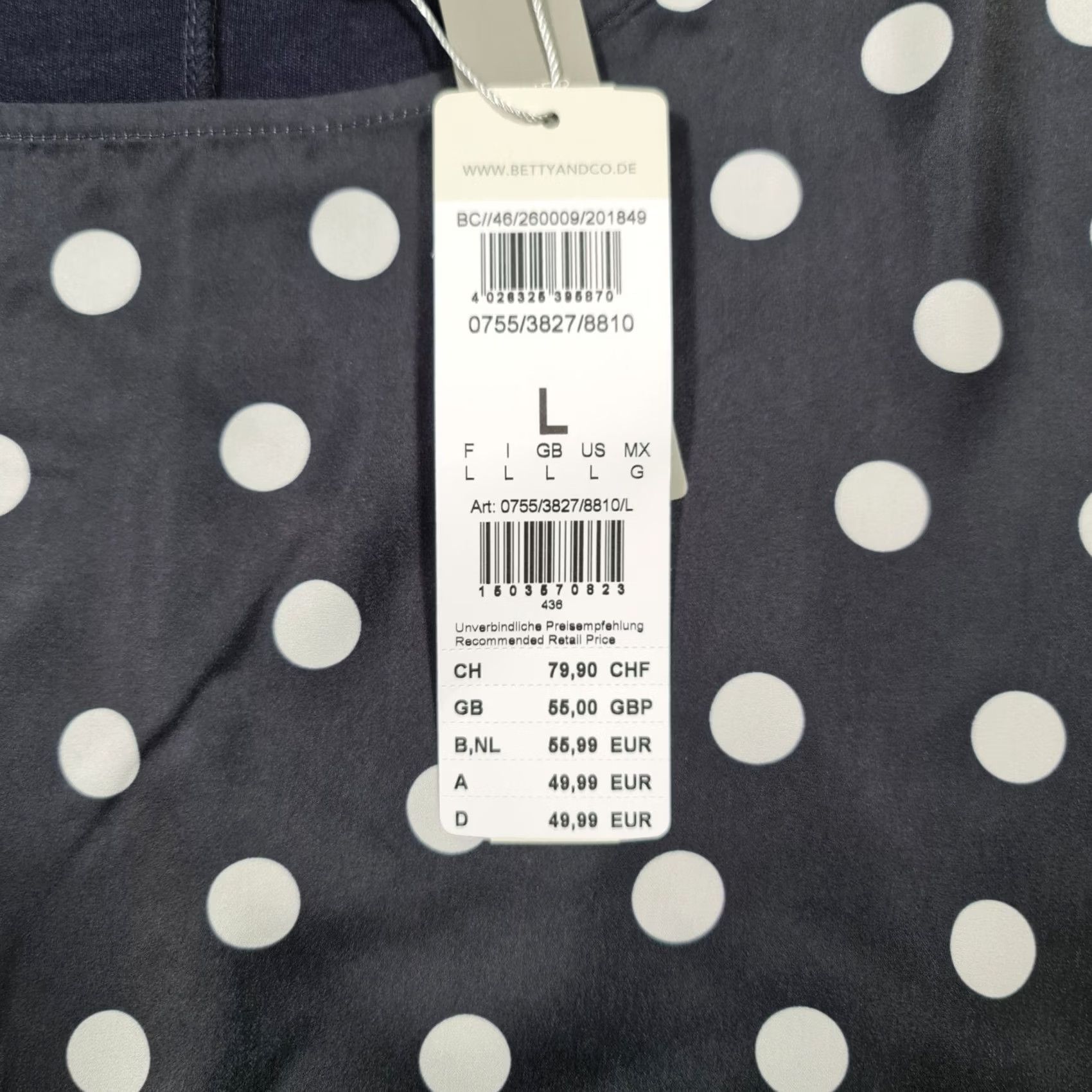 CO Betty & Co Womens T Shirt Navy Blue Polka Dot 3/4 Sleeve Top Large Size L / US 10 / IT 46 - 3 Thumbnail