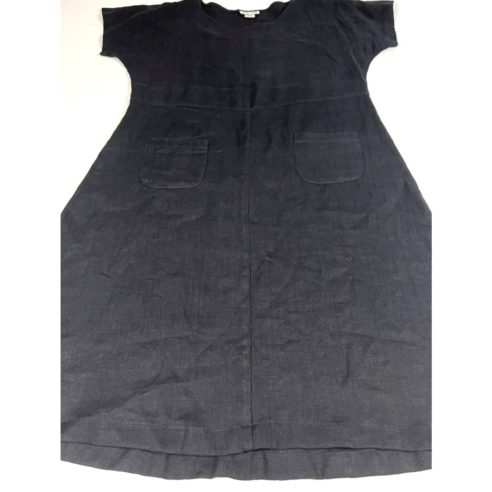 Vintage VINTAGE Frisson Women's Linen Midi Dress Short Sleeve Made in USA Sz L Black Pockets 90s Bohemian A-Line Casual Modern Classics Womens Size 36" / US 14 / IT 50 - 6 Thumbnail