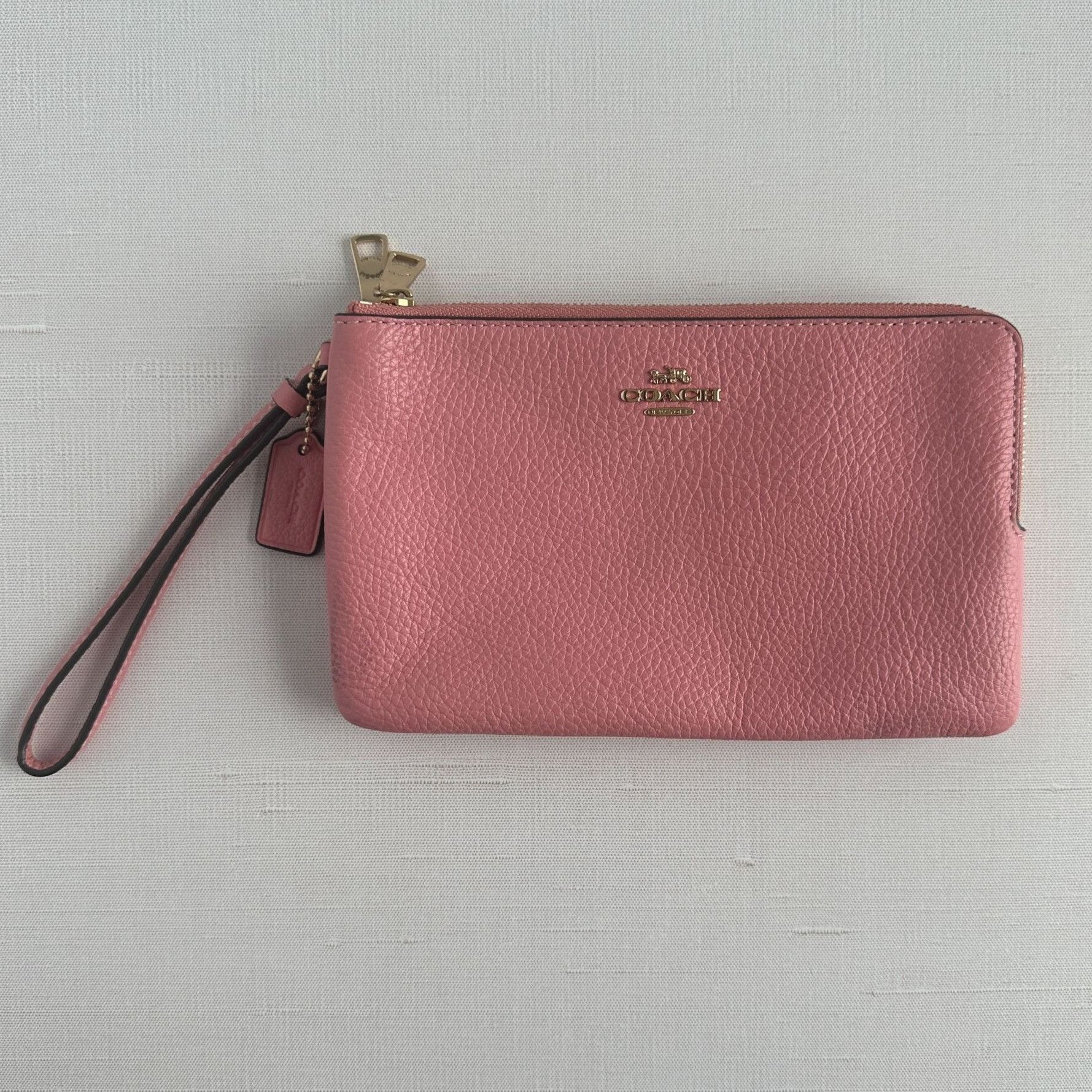 Coach Pink Pebbled Leather Wristlet With Gold Hardware & Zip, Women's