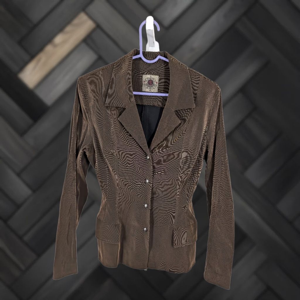 plein sud VINTAGE Plein Sud Blazer Womens 90s Brown Lycra Metallic 10 Stretch Snap Jacket Size L / US 10 / IT 46 - 1 Thumbnail