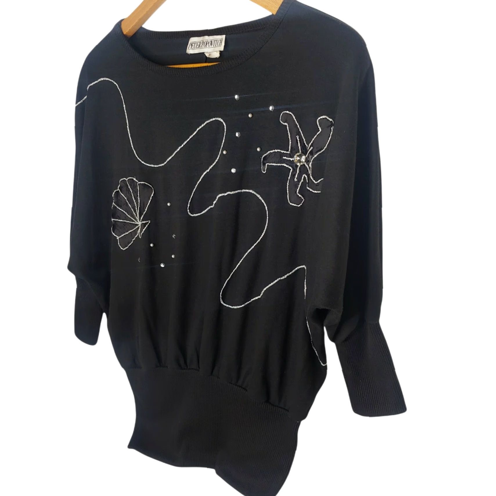Vintage VINTAGE Peter Popovich Shirt Medium Black Silver Bead Sea Shell Beach Coastal 80s Womens Pullover Knit 3/4 Sleeve Slim Size M / US 6-8 / IT 42-44 - 2 Thumbnail