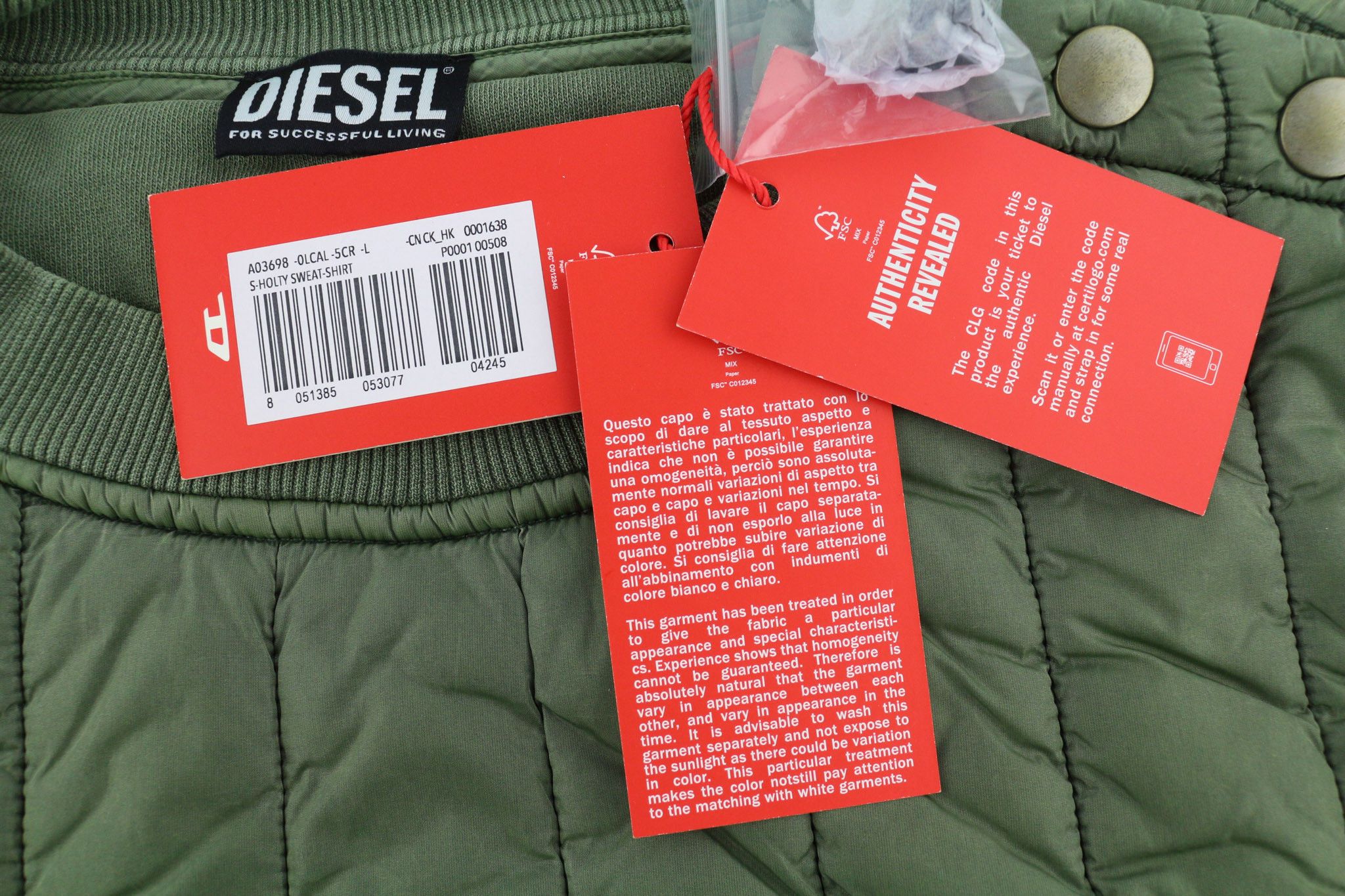 Diesel S-HOLTY L Green Quilted Crew Logo Sweatshirt 40121 Size US L / EU 52-54 / 3 - 6 Thumbnail