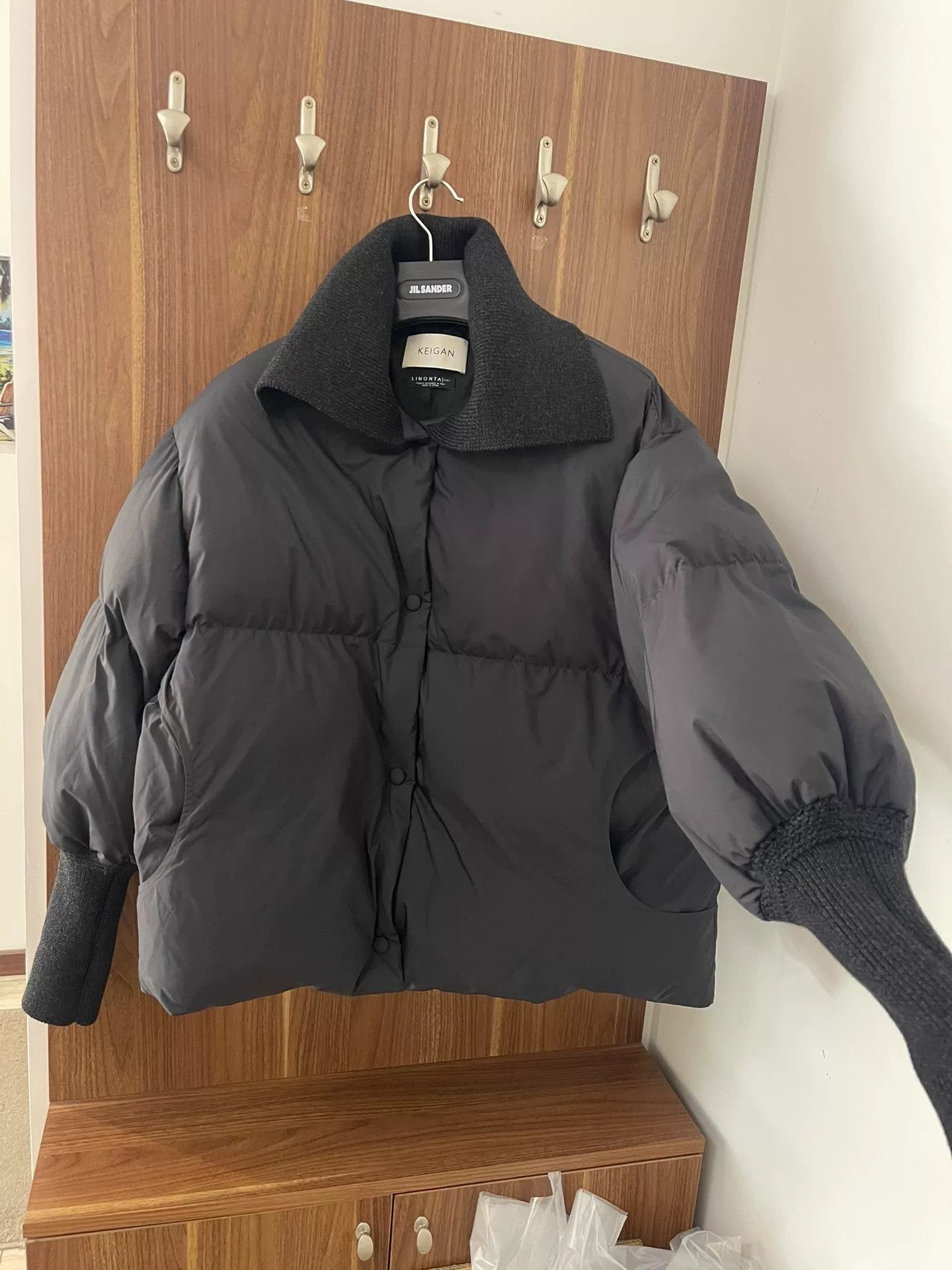 Black Down Jacket with Knit Collar