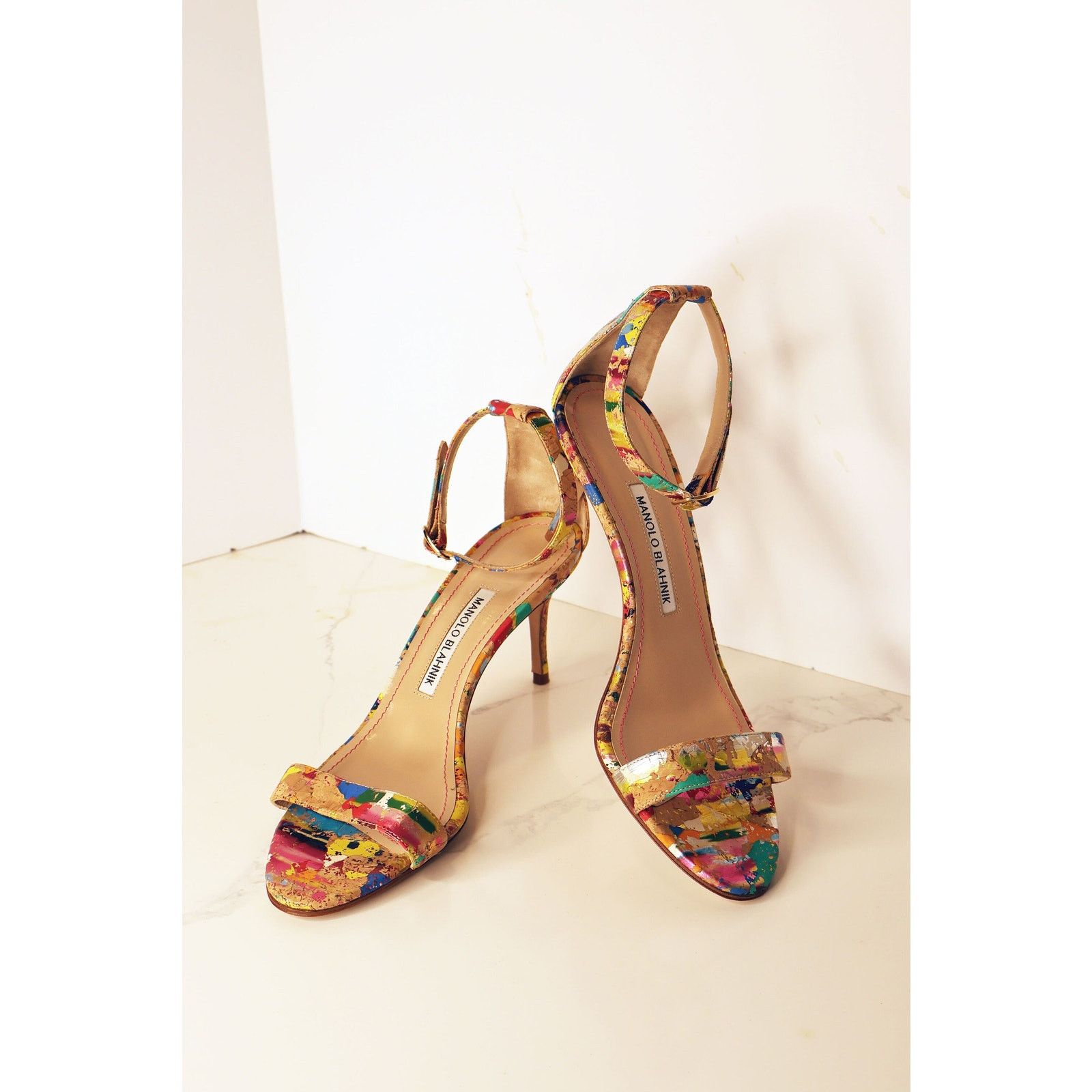 Manolo Blahnik Vintage Manolo Blahnik Cork + Splatter Paint Chaos Sandal Size US 8.5 / IT 38.5 - 3 Thumbnail