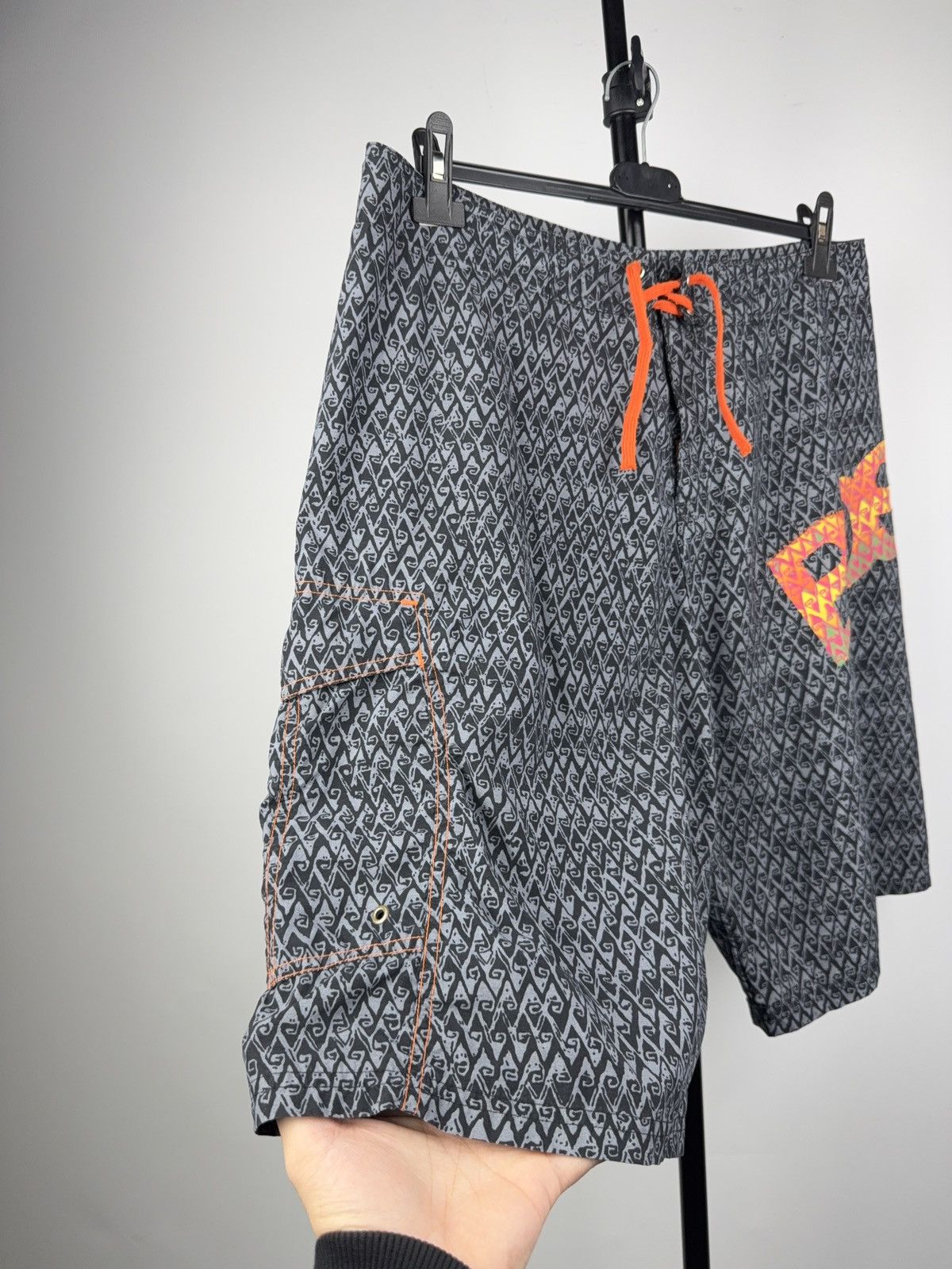 Luxury Hugo Boss Logo Swim Shorts Neon Orange Black Pattern