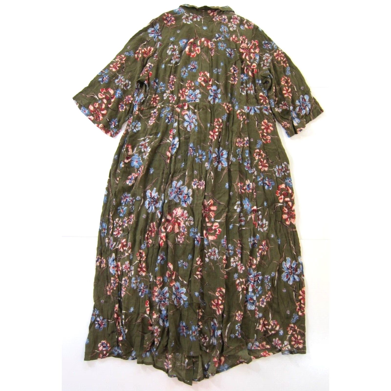 Vintage Woman Within Dress Maxi Floral Button Down 26W Green Pink Blue Pockets Short Sleeve Rayon Long 72" Hip 54.5" Shoulder to Hem Womens Size 4XL / US 24-26 - 2 Thumbnail