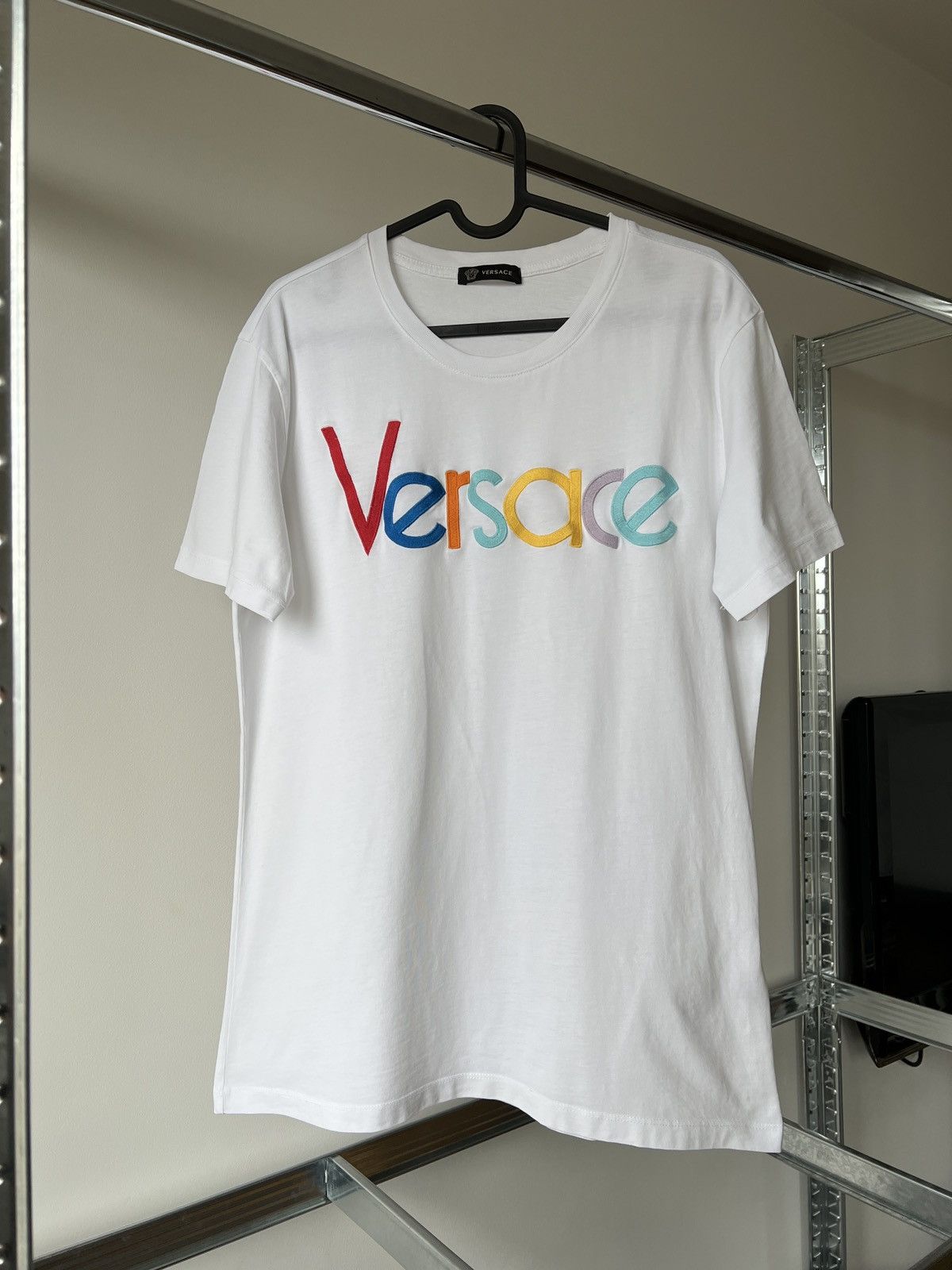 Image of Versace Big Logo Rainbow Multi Colour White Tee Shirt, Men's (Size XL)