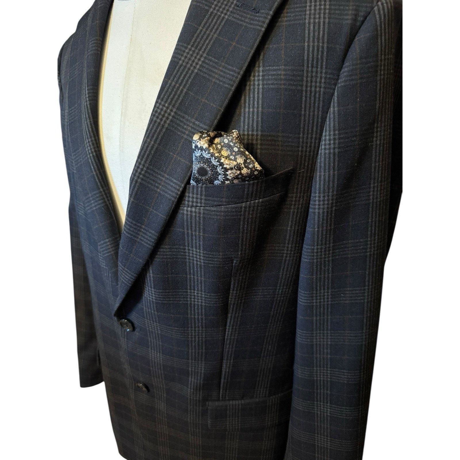 Tallia Tallia Classic Fit Suit Jacket Blazer Navy Blue Multiplaid Size 42L - 2 Thumbnail