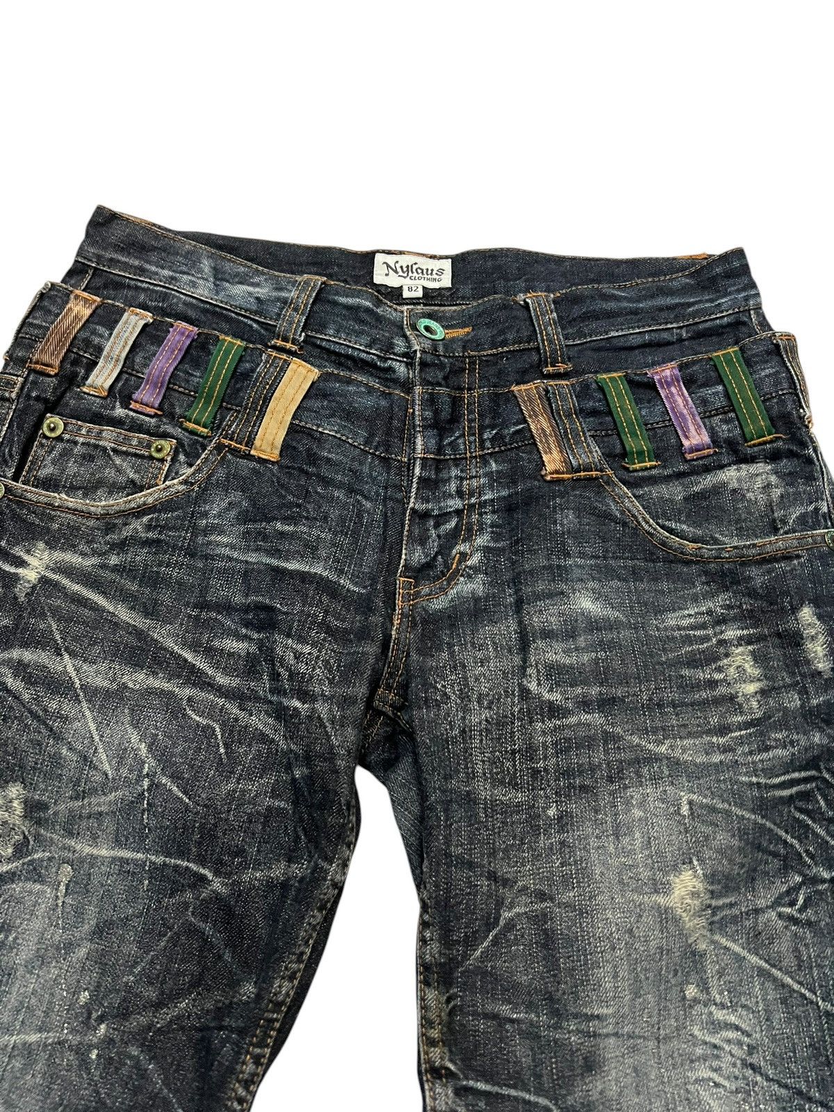 Japanese Brand 💥Double Waist💥Nylaus Clothing Distressed Clawmark Jean Size US 31 - 3 Thumbnail