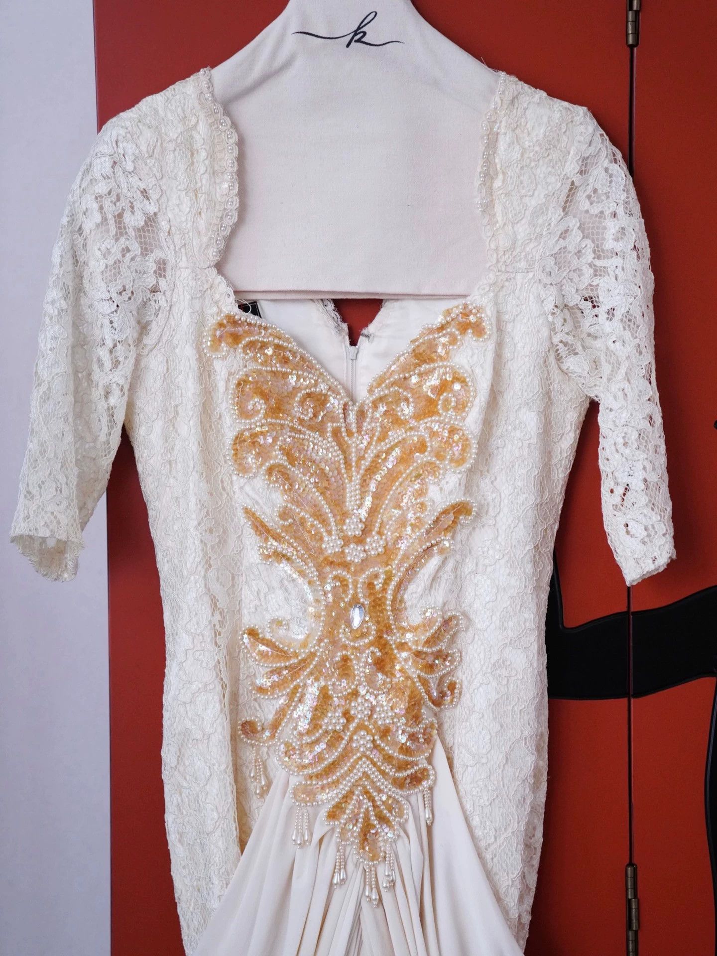 Vintage USA Vintage Cream Beaded Lace Bodycon Dress w/Shoulder Pads L Size L / US 10 / IT 46 - 3 Thumbnail