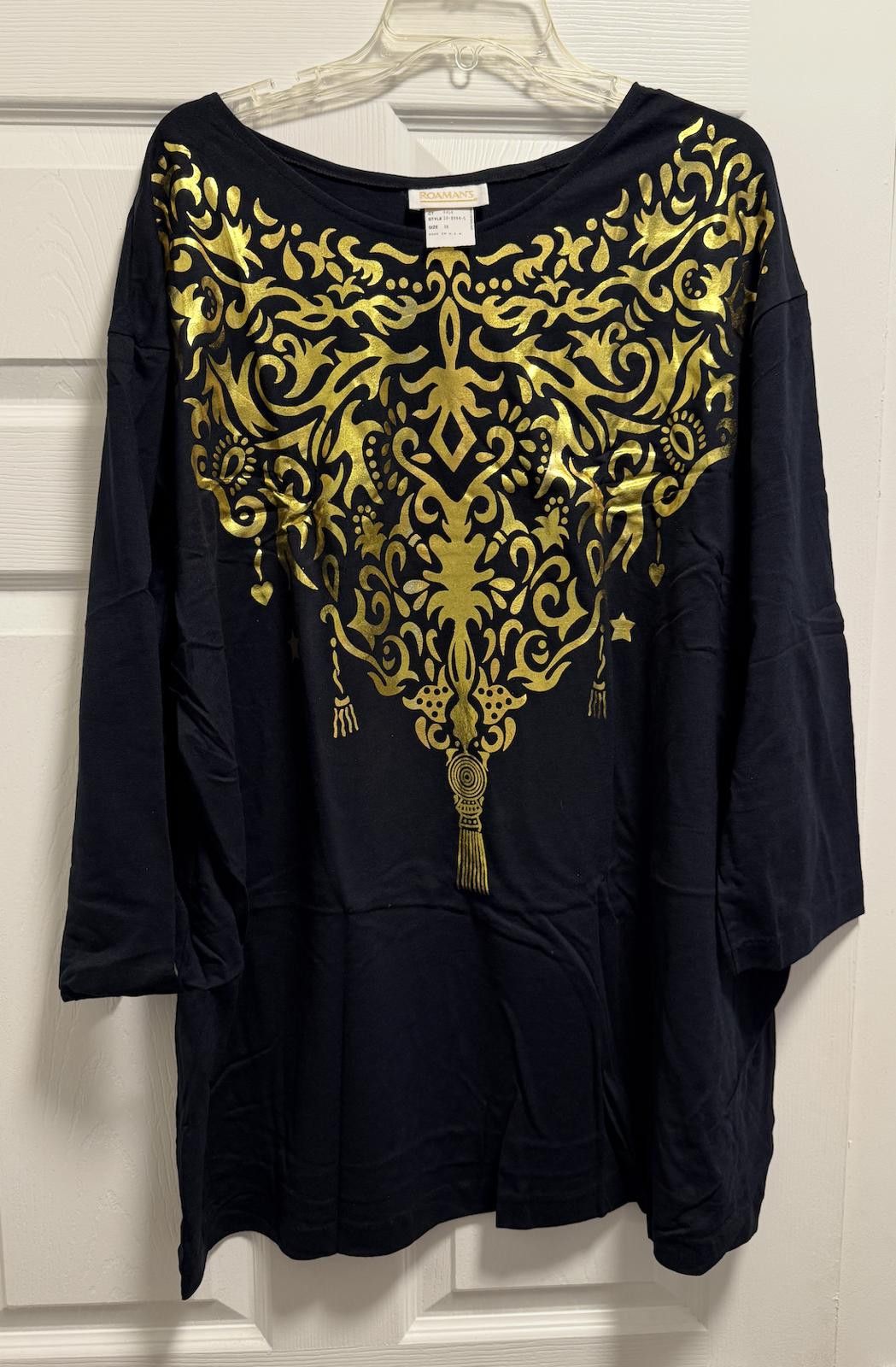 Designer Roaman’s Gold Foil Tunic Top 3X Made in USA Boho Glam Size M / US 6-8 / IT 42-44 - 3 Thumbnail