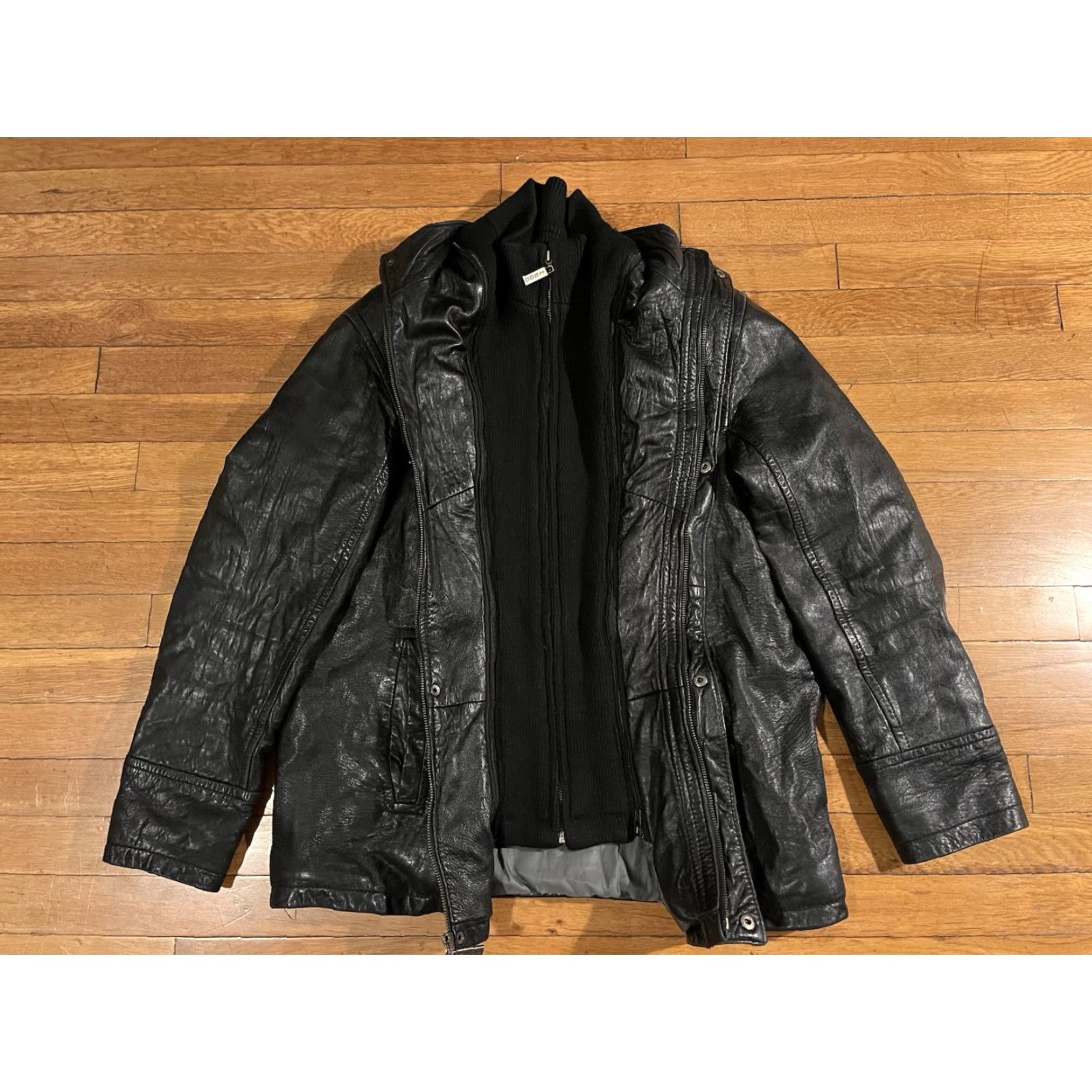 VINTAGE IZOD Leather Bomber Jacket Men’s M Black Zip-In Knit Collar