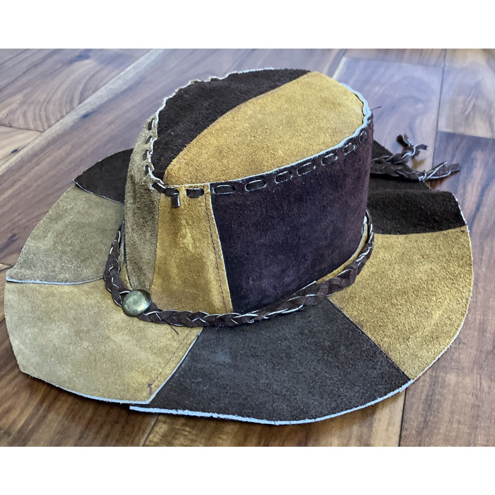 Other Vtg Suede Leather Patchwork Hat Hippie Boho 1970s Cowgirl Size ONE SIZE - 1 Thumbnail