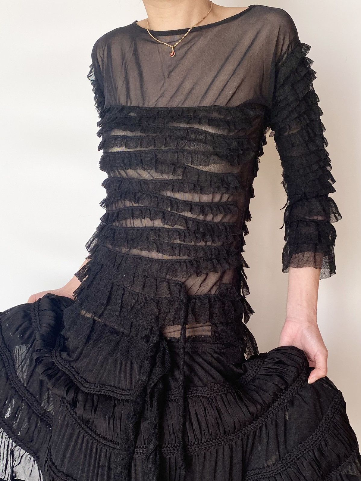 image of Jean Paul Gaultier Black Ruffles Sheer Mesh Blouse, Women's (Size Medium)