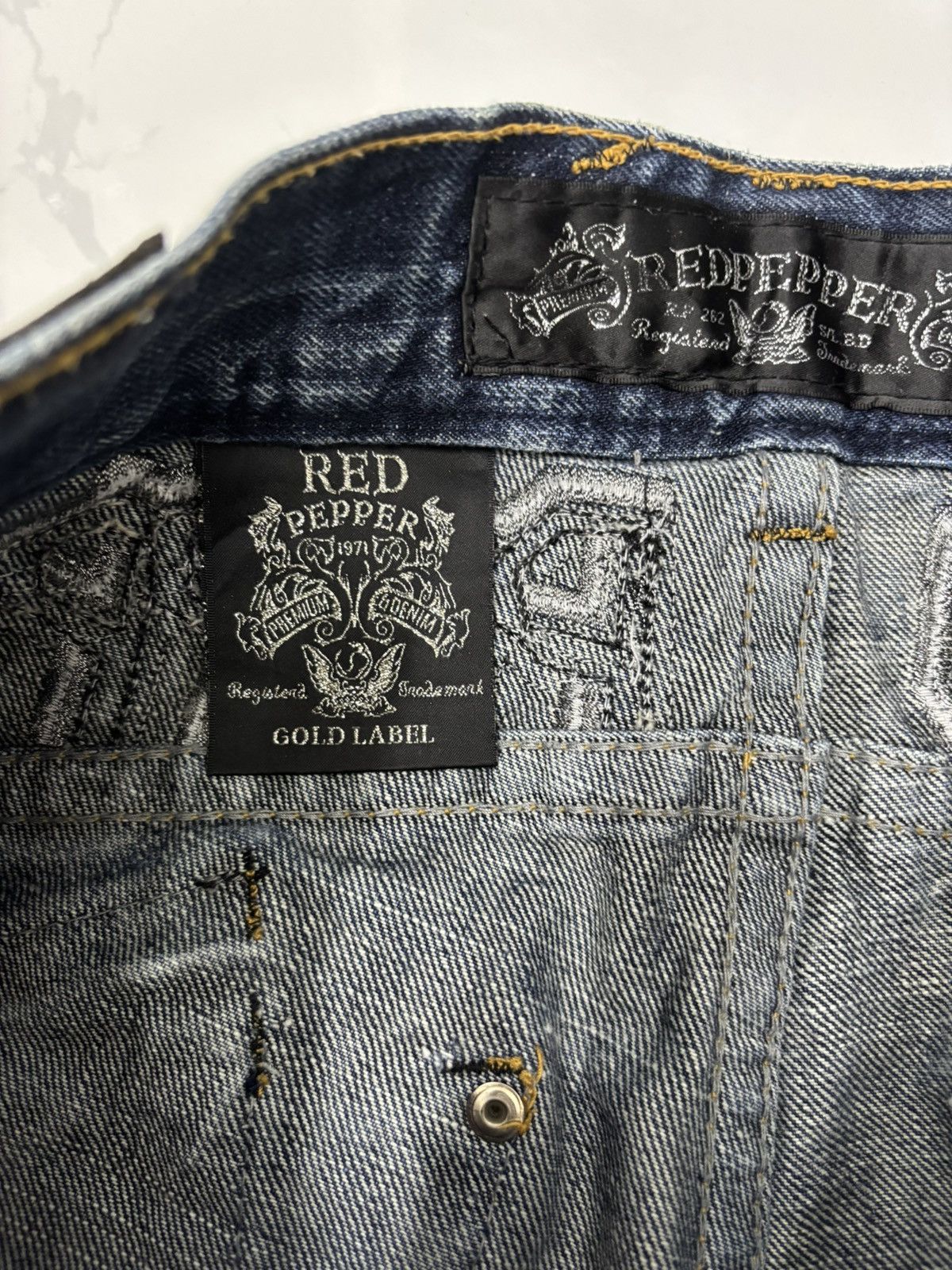 Tornado Mart 🔥RED PEPPER ☮️ EMBROIDERY FLARED JEANS DISTRESSED DENIM Size US 33 - 12 Thumbnail