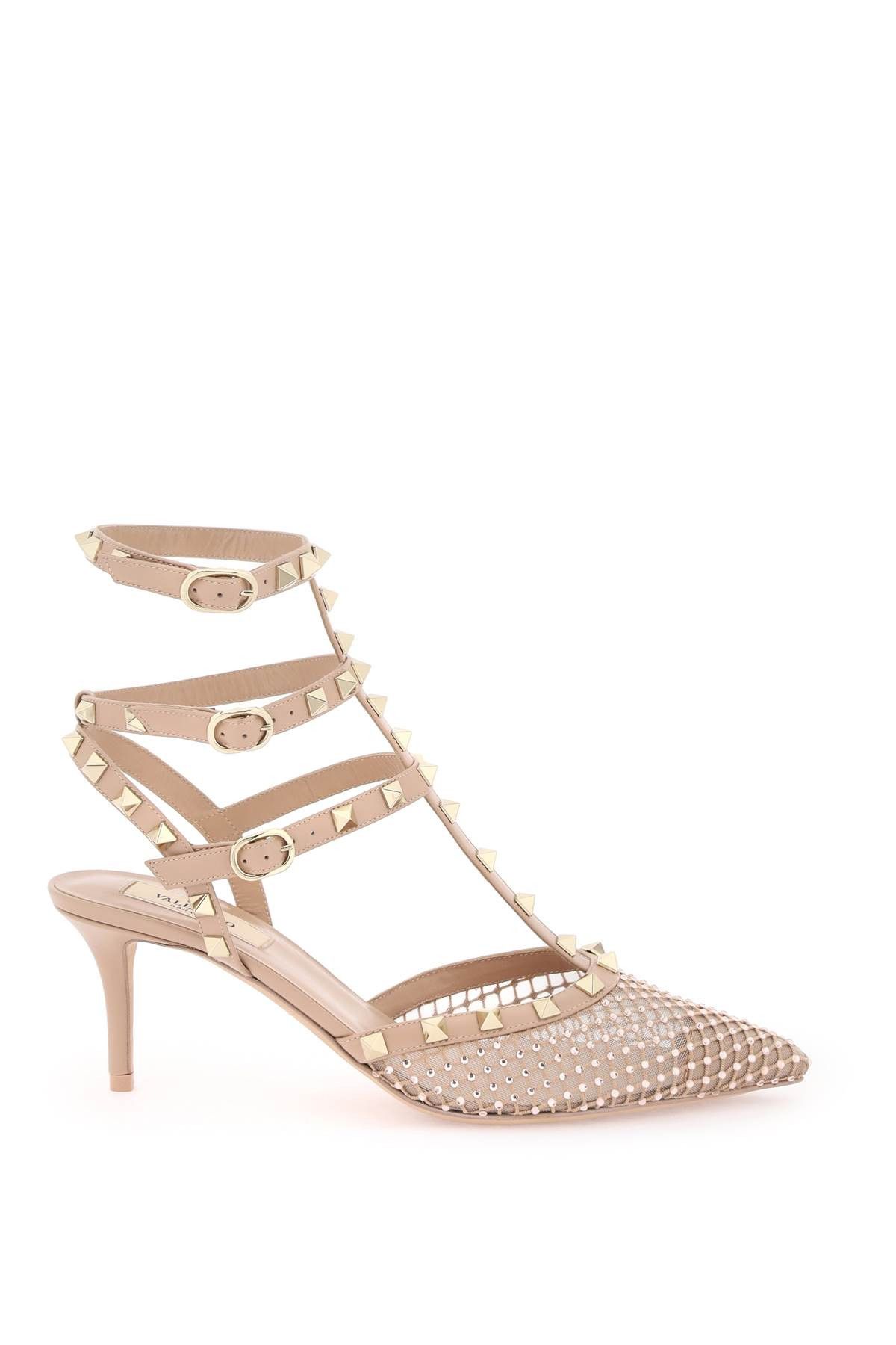 image of Valentino Garavani Mesh Rockstud Pumps With Crystals Shoes in Silk Rose Cannelle, Women's (Size 10)