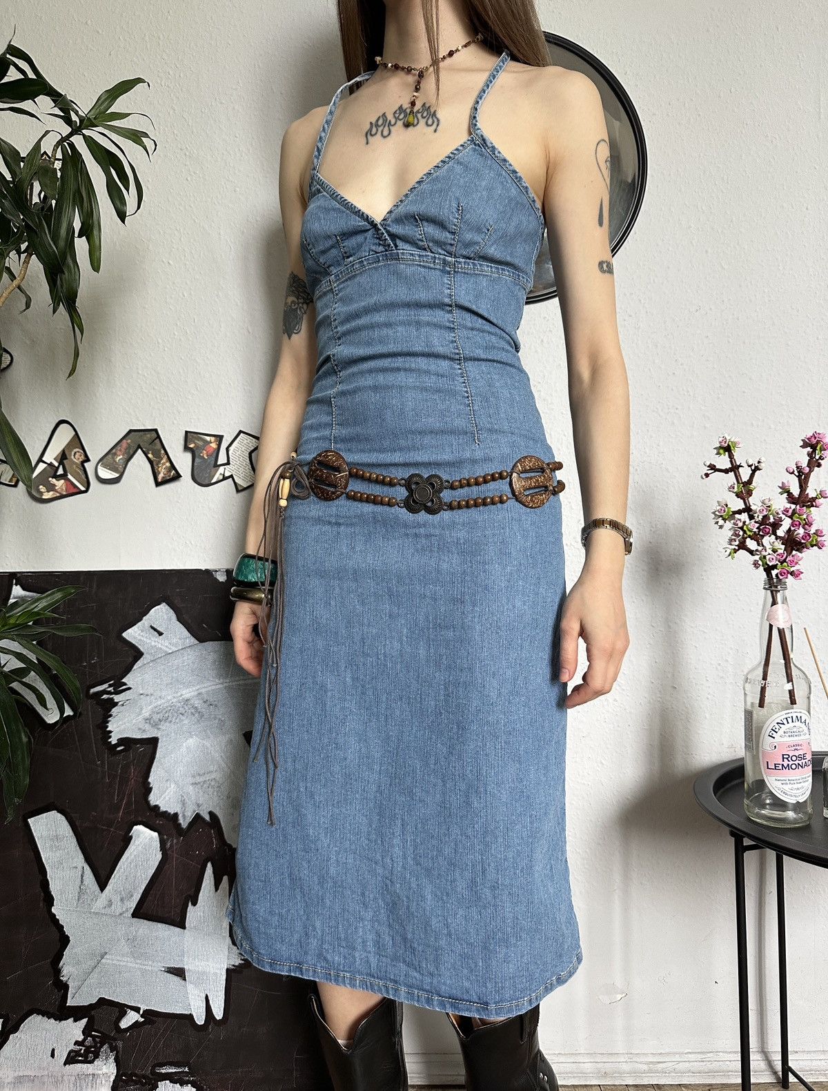 Vintage Cute Summer Vintage Halter Sundress Denim Midi Dress y2k Size S / US 4 / IT 40 - 5 Thumbnail