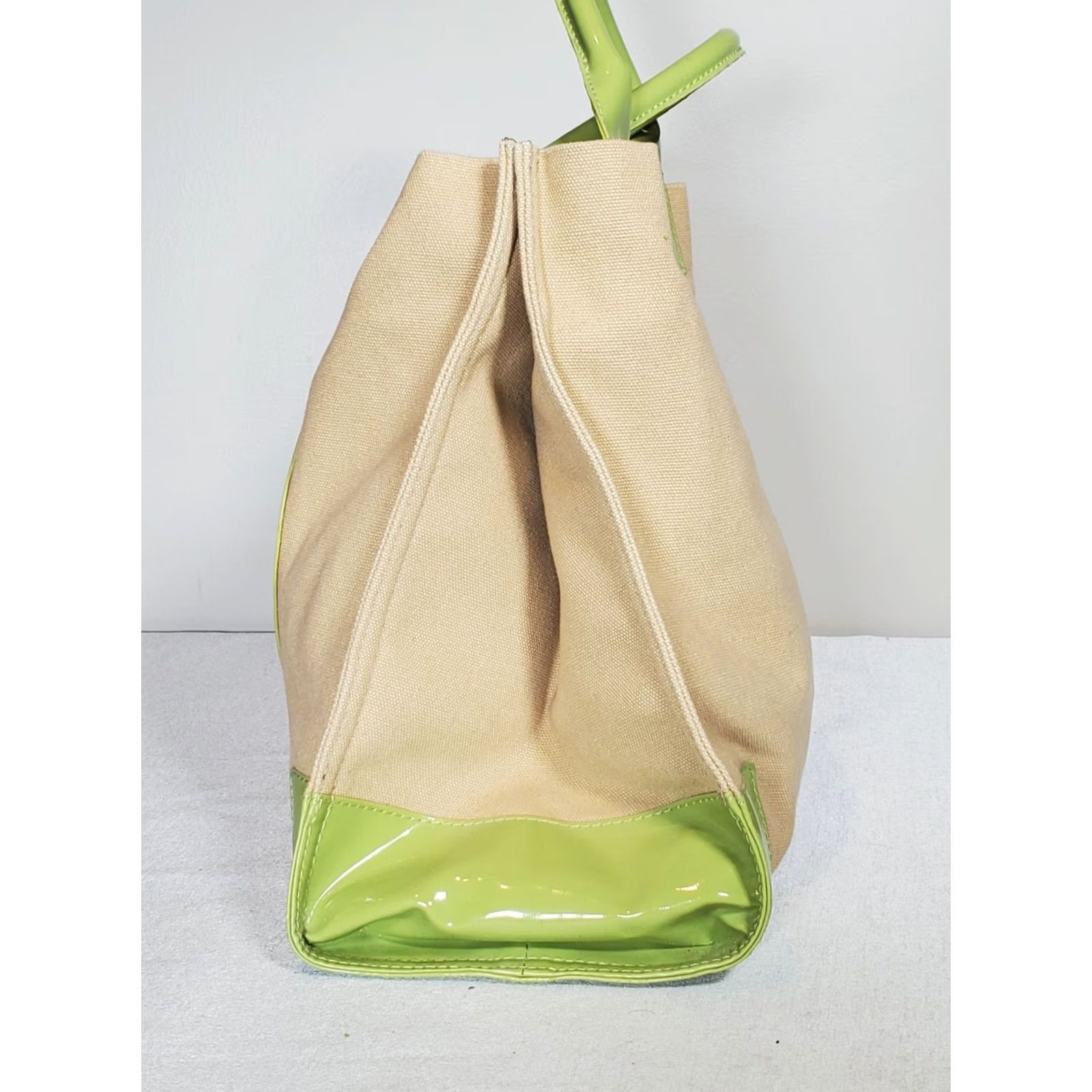 Tory Burch Tory Burch Ella Tote Bag Large Light Beige Canvas Sage Green Patent Leather Expandable Size ONE SIZE - 3 Thumbnail