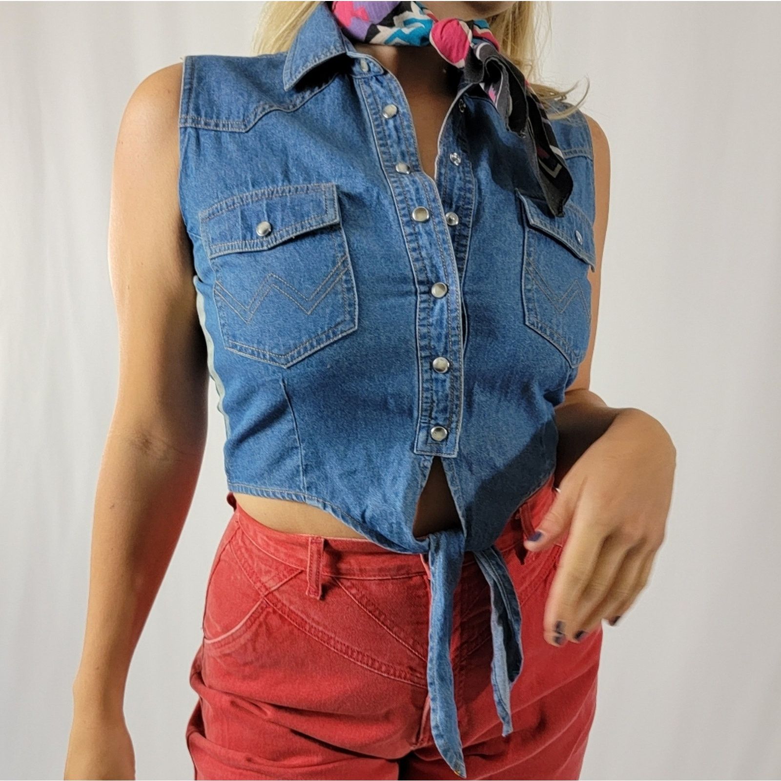 NEW 70's Wrangler Denim Pearl Snap Crop Tie Front Vest