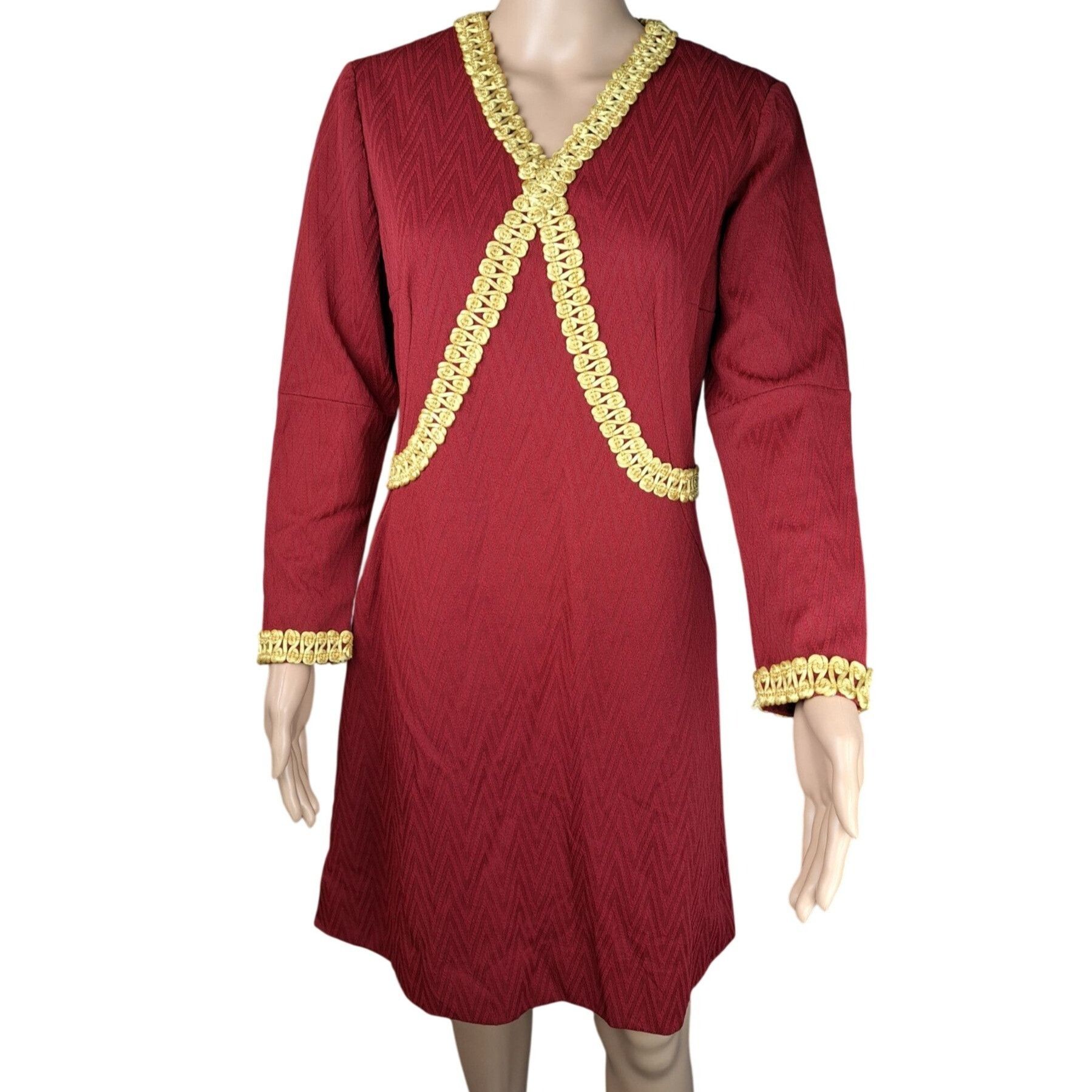 Handmade Vintage Handmade Maroon Dress Gold Gimp Trim Long Sleeve Size M / US 6-8 / IT 42-44 - 18 Thumbnail