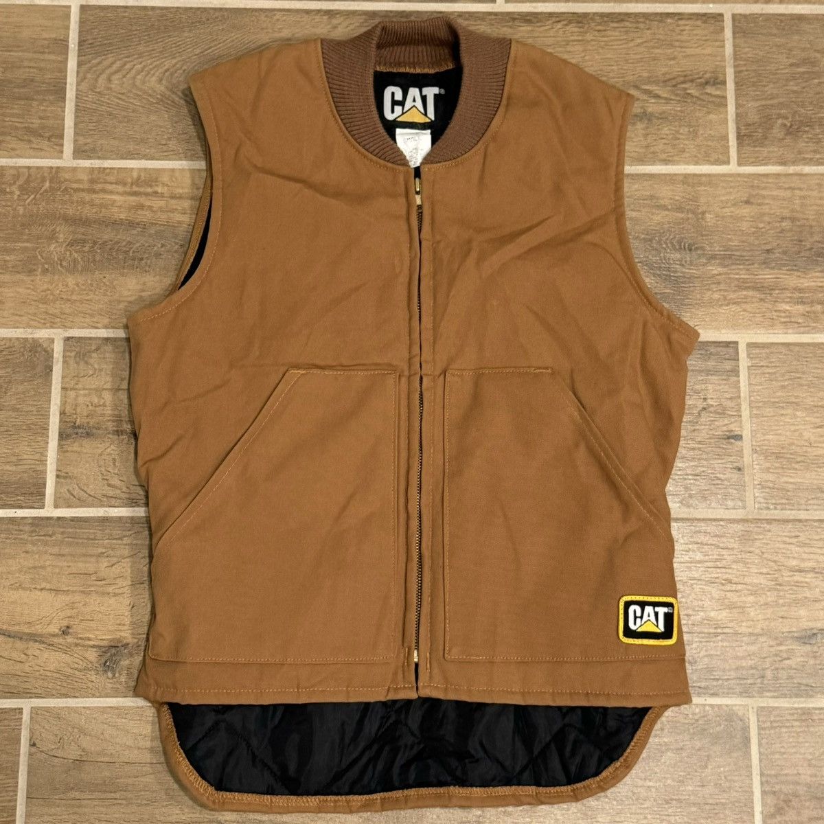 Vintage Cat Caterpillar Quilted Tan Work Vest Made In USA
